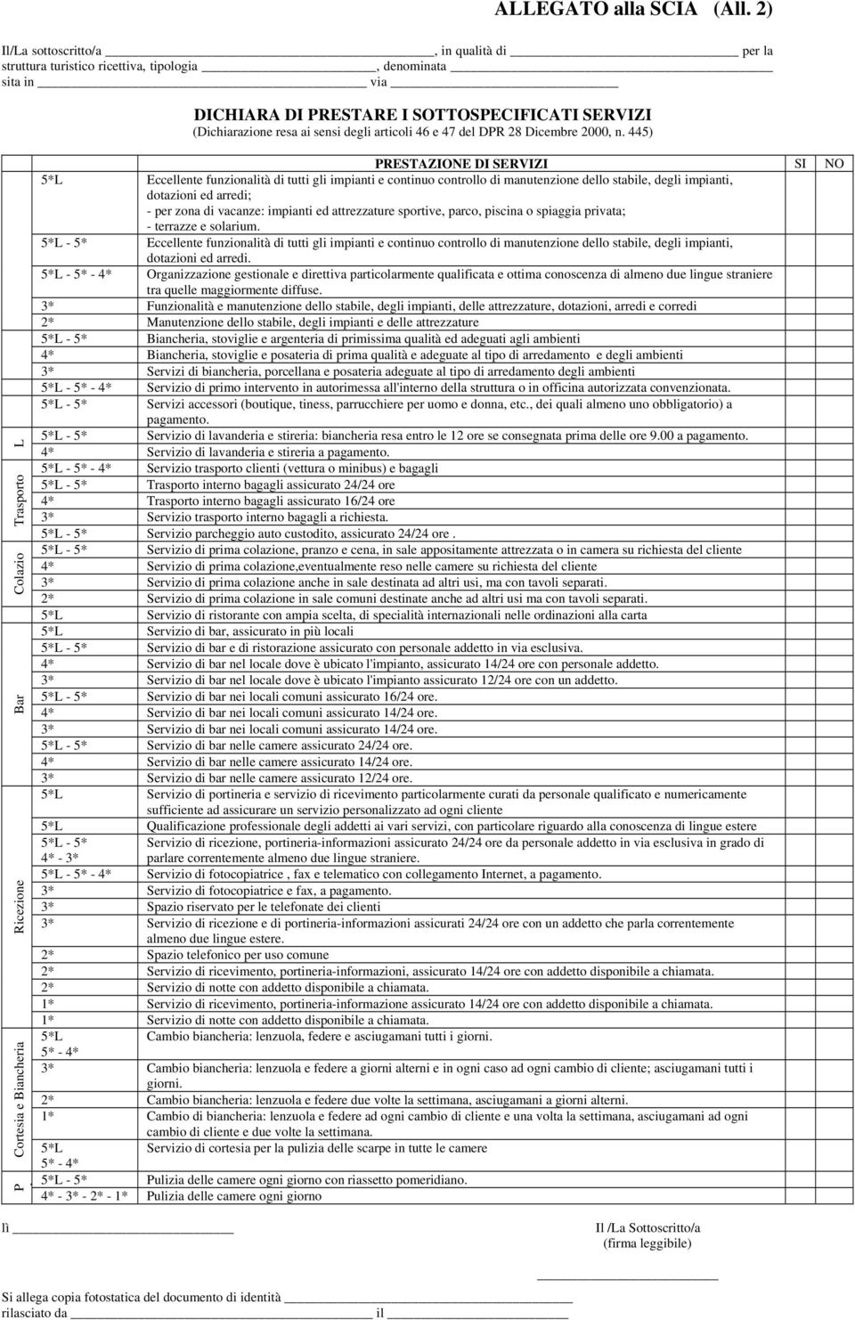 SOTTOSPECIFICATI SERVIZI PRESTAZIONE DI SERVIZI SI NO Eccellente funzionalità di tutti gli impianti e continuo controllo di manutenzione dello stabile, degli impianti, dotazioni ed arredi; - per zona