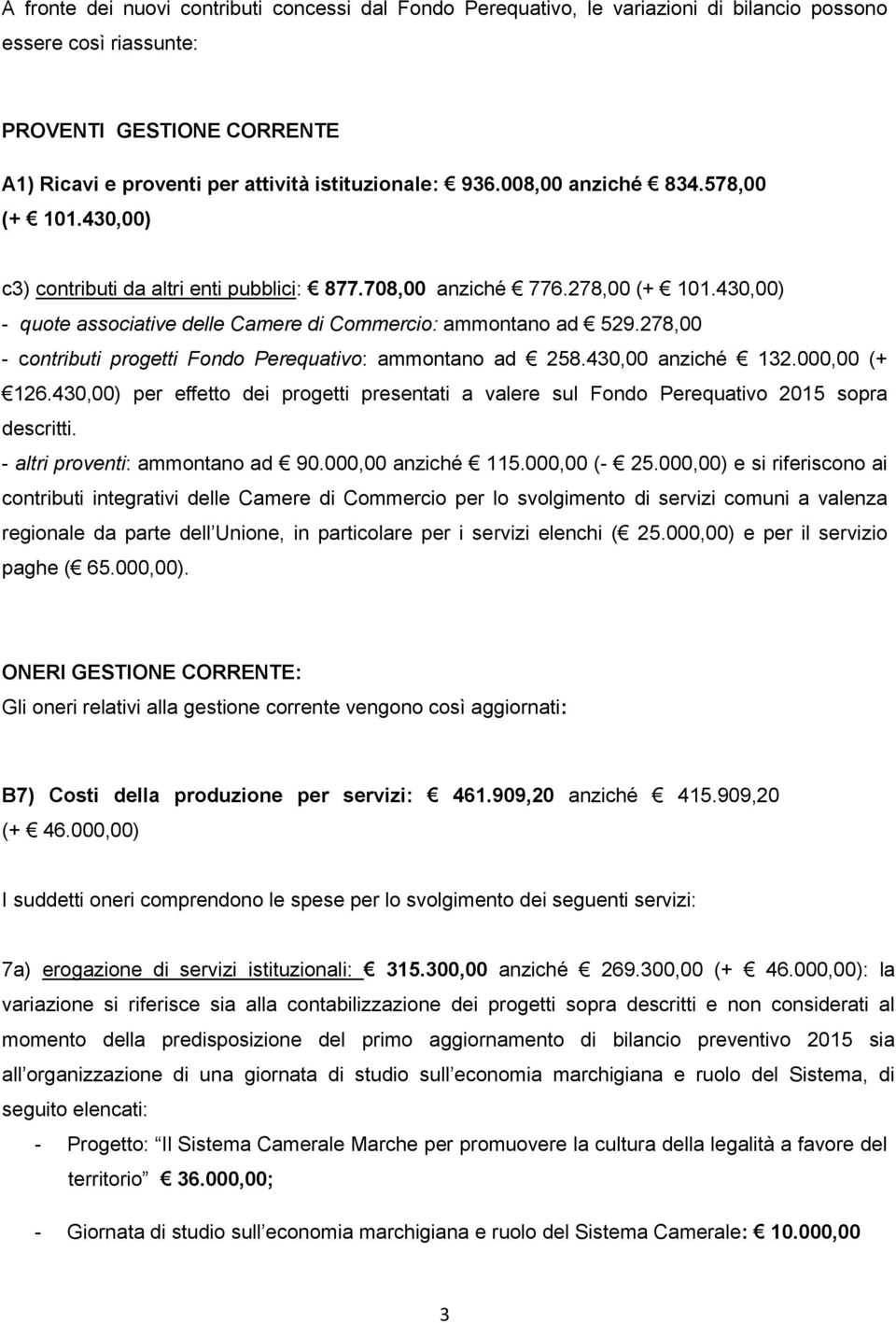 278,00 contributi progetti Fondo Perequativo: ammontano ad 258.430,00 anziché 132.000,00 (+ 126.430,00) per effetto dei progetti presentati a valere sul Fondo Perequativo 2015 sopra descritti.