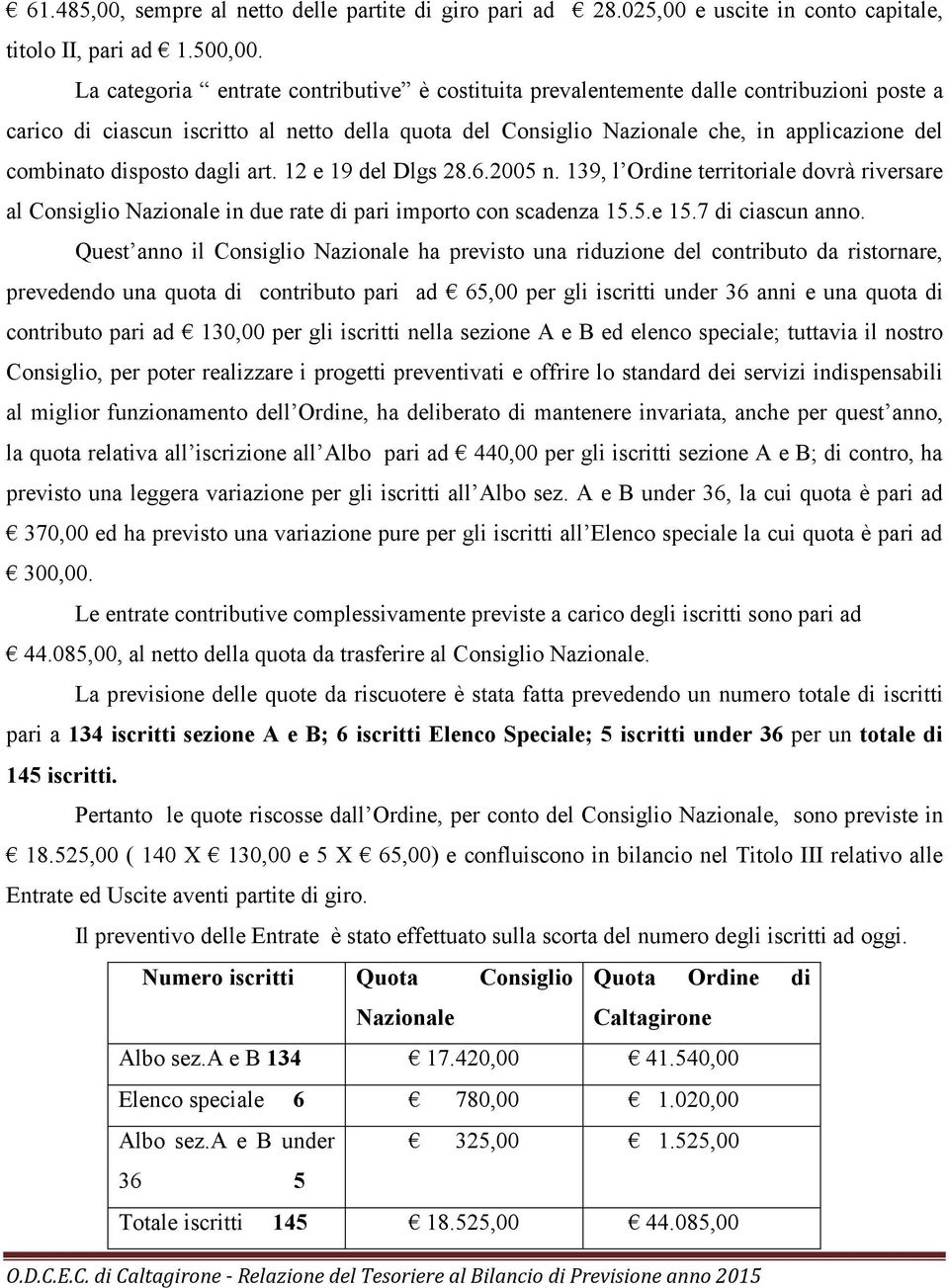 disposto dagli art. 12 e 19 del Dlgs 28.6.2005 n. 139, l Ordine territoriale dovrà riversare al Consiglio Nazionale in due rate di pari importo con scadenza 15.5.e 15.7 di ciascun anno.