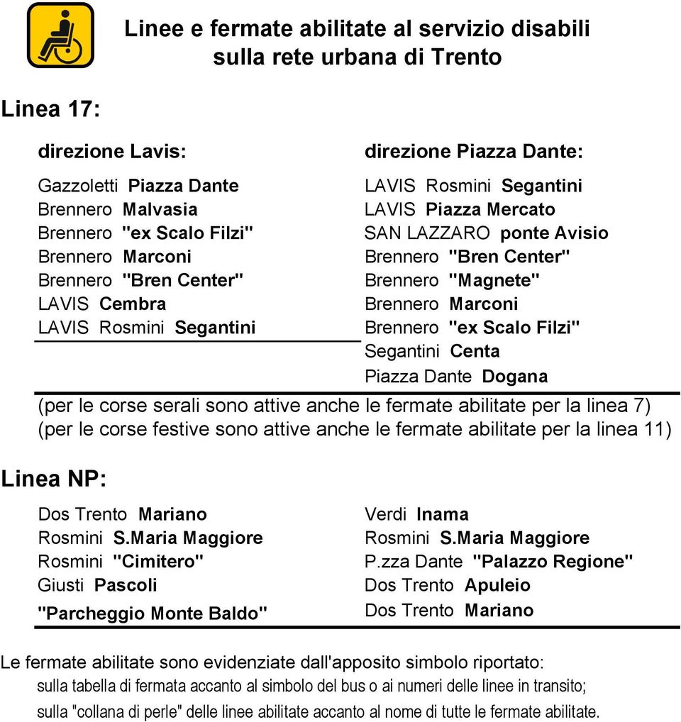 Linea NP: Dos Trento Mariano "Parcheggio Monte Baldo" Verdi Inama Dos Trento Apuleio Dos Trento Mariano Le fermate abilitate sono evidenziate dall'apposito simbolo riportato: