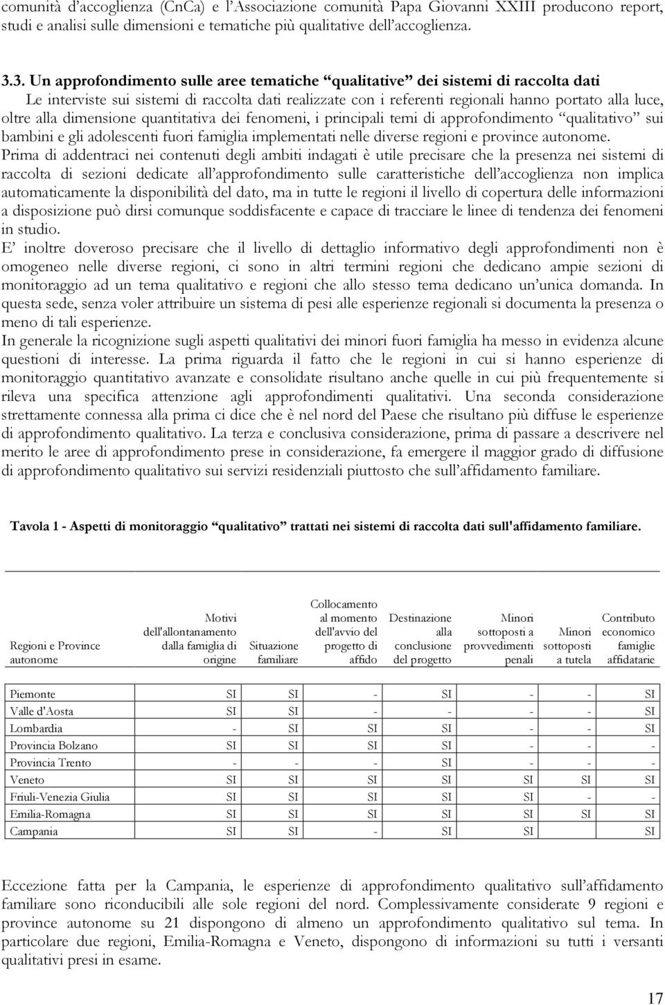 dimensione quantitativa dei fenomeni, i principali temi di approfondimento qualitativo sui bambini e gli adolescenti fuori famiglia implementati nelle diverse regioni e province autonome.