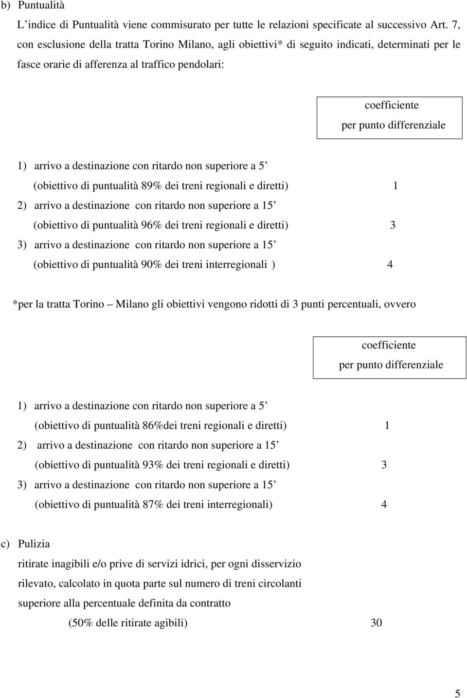 destinazione con ritardo non superiore a 5 (obiettivo di puntualità 89% dei treni regionali e diretti) 1 2) arrivo a destinazione con ritardo non superiore a 15 (obiettivo di puntualità 96% dei treni