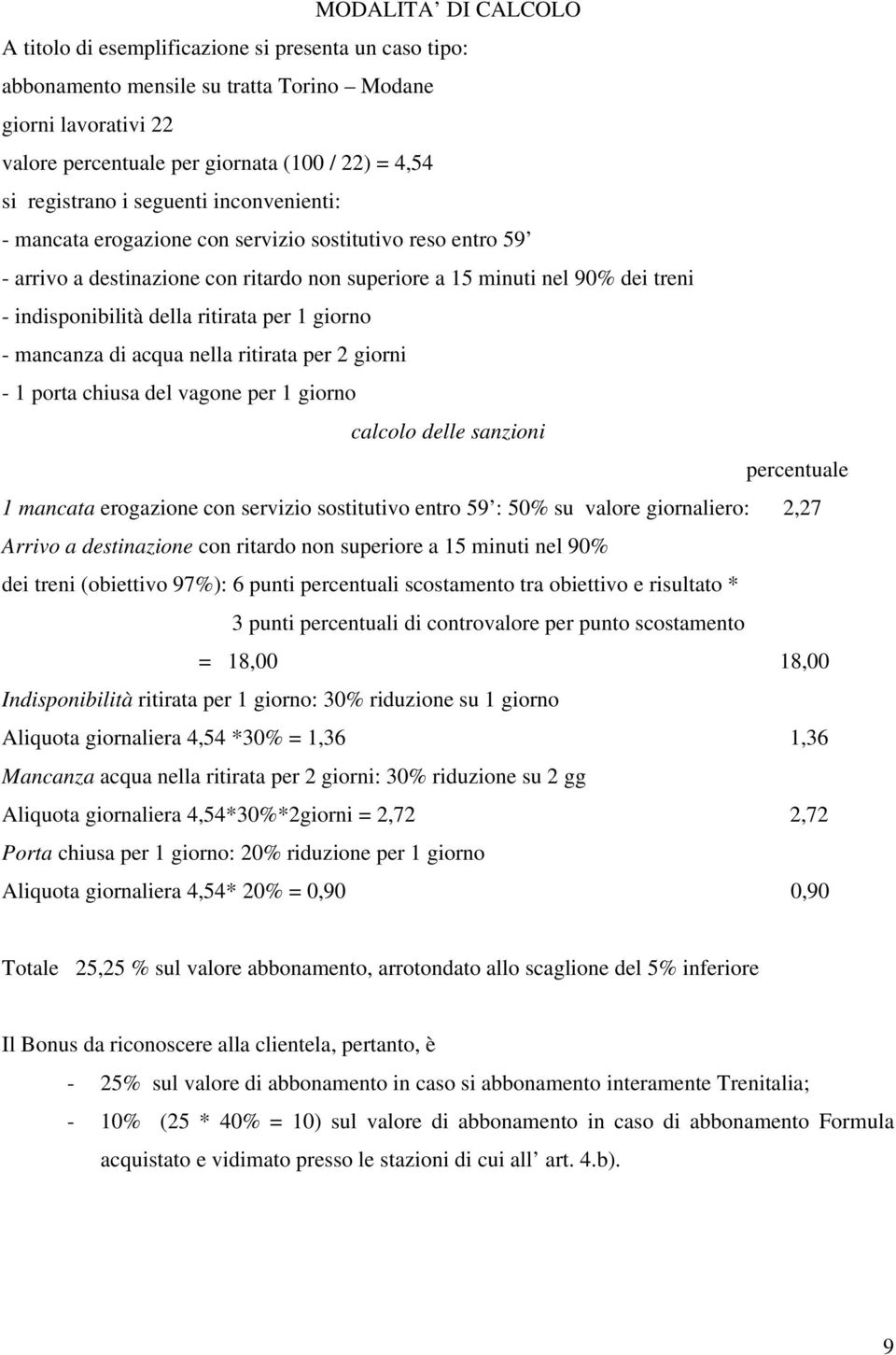 della ritirata per 1 giorno - mancanza di acqua nella ritirata per 2 giorni - 1 porta chiusa del vagone per 1 giorno calcolo delle sanzioni percentuale 1 mancata erogazione con servizio sostitutivo