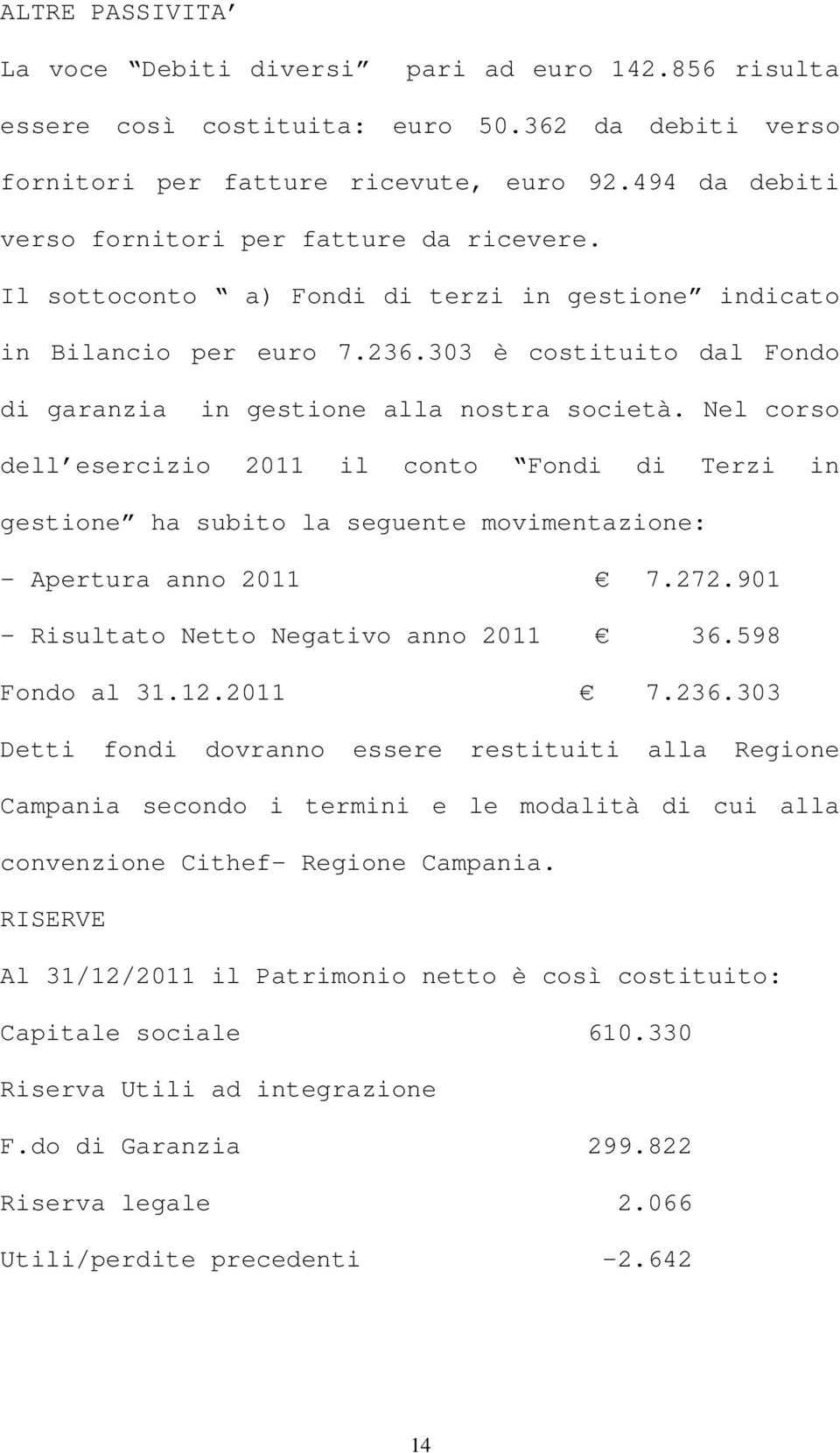 303 è costituito dal Fondo di garanzia in gestione alla nostra società. Nel corso dell esercizio 2011 il conto Fondi di Terzi in gestione ha subito la seguente movimentazione: - Apertura anno 2011 7.