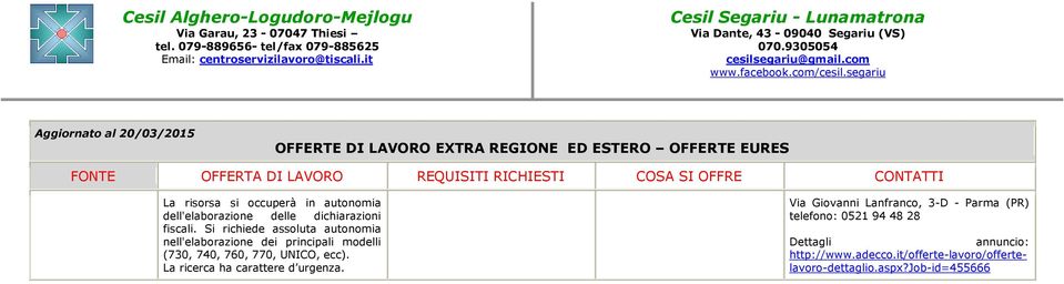 UNICO, ecc). La ricerca ha carattere d urgenza.