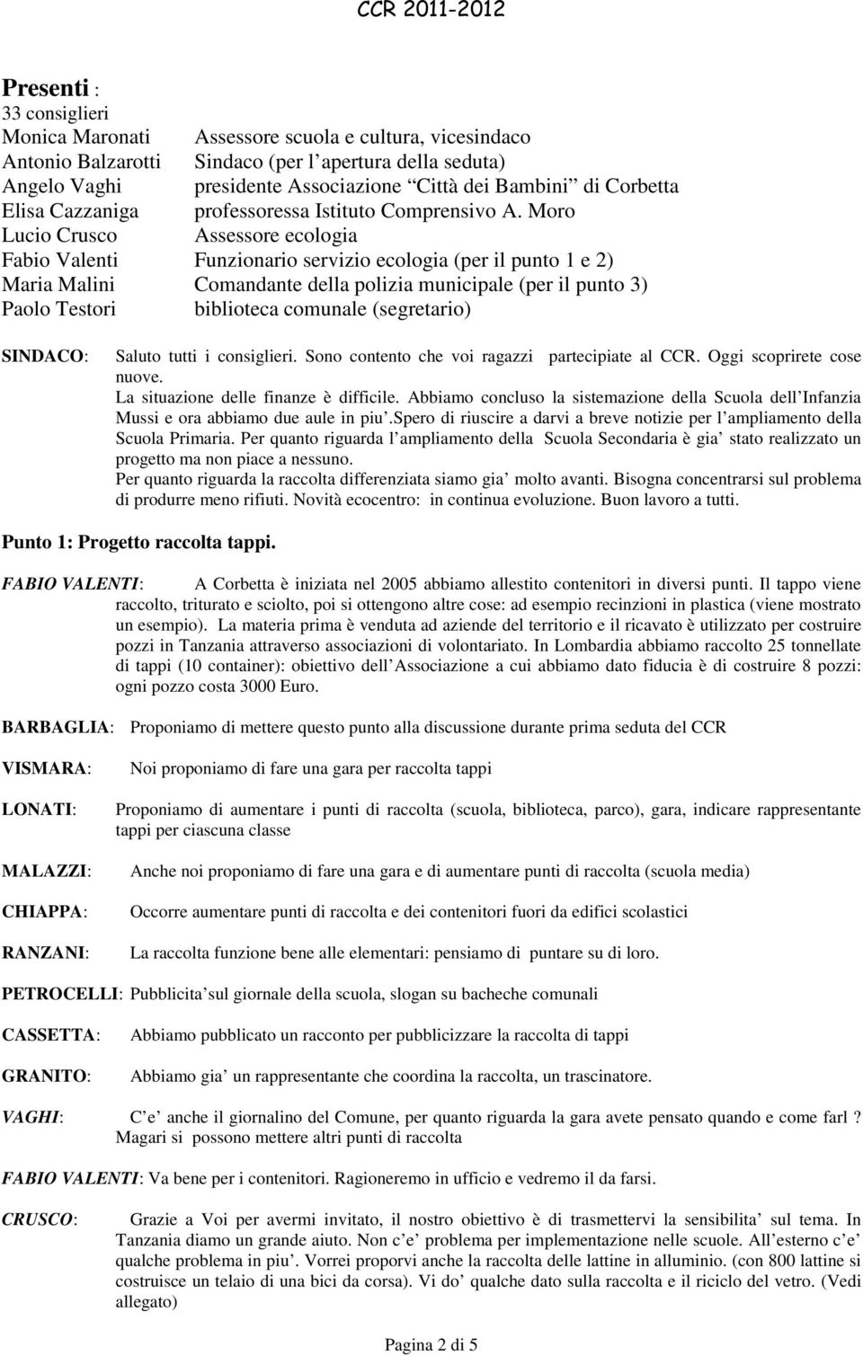 Moro Lucio Crusco Assessore ecologia Fabio Valenti Funzionario servizio ecologia (per il punto 1 e 2) Maria Malini Comandante della polizia municipale (per il punto 3) Paolo Testori biblioteca