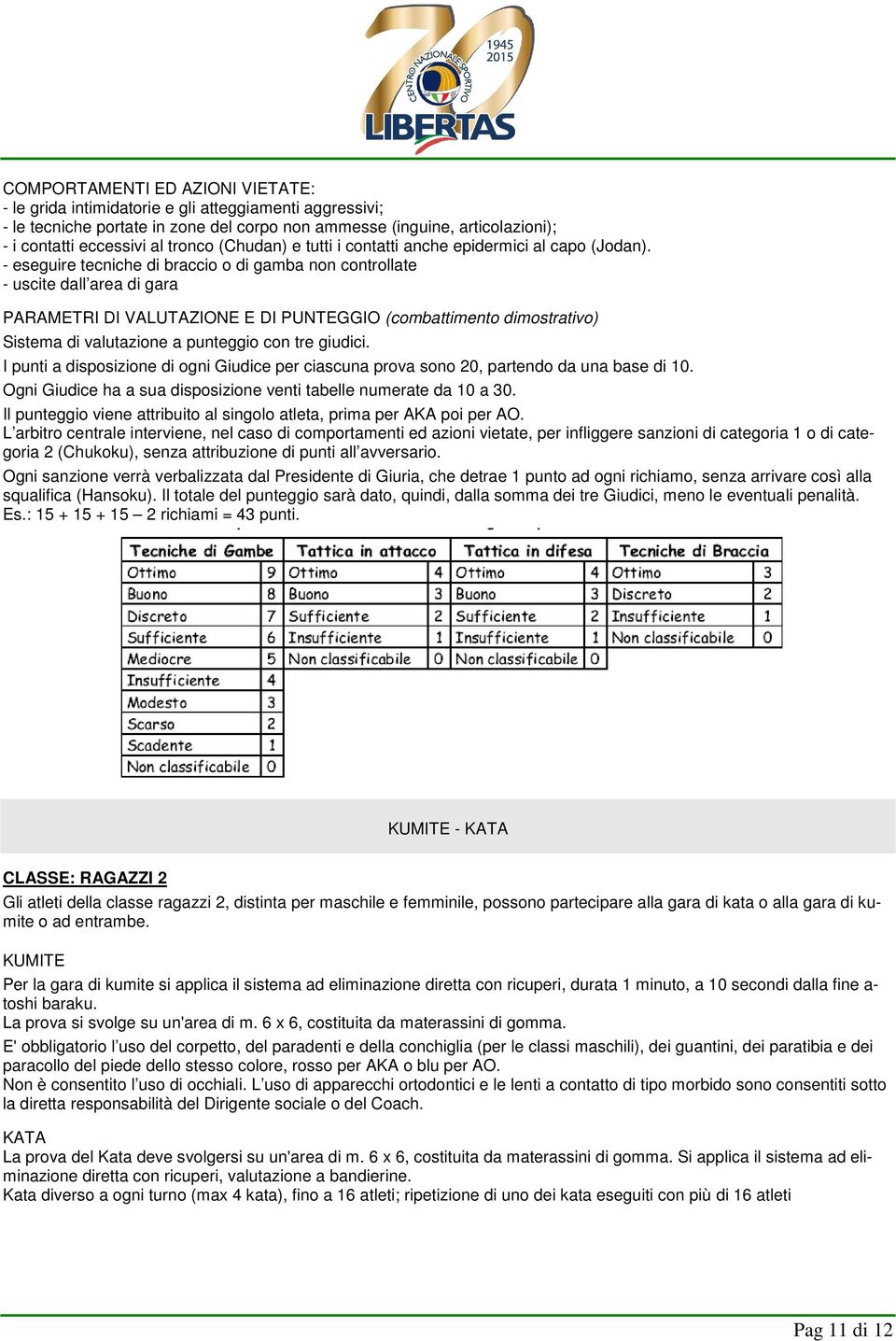 - eseguire tecniche di braccio o di gamba non controllate - uscite dall area di gara PARAMETRI DI VALUTAZIONE E DI PUNTEGGIO (combattimento dimostrativo) Sistema di valutazione a punteggio con tre