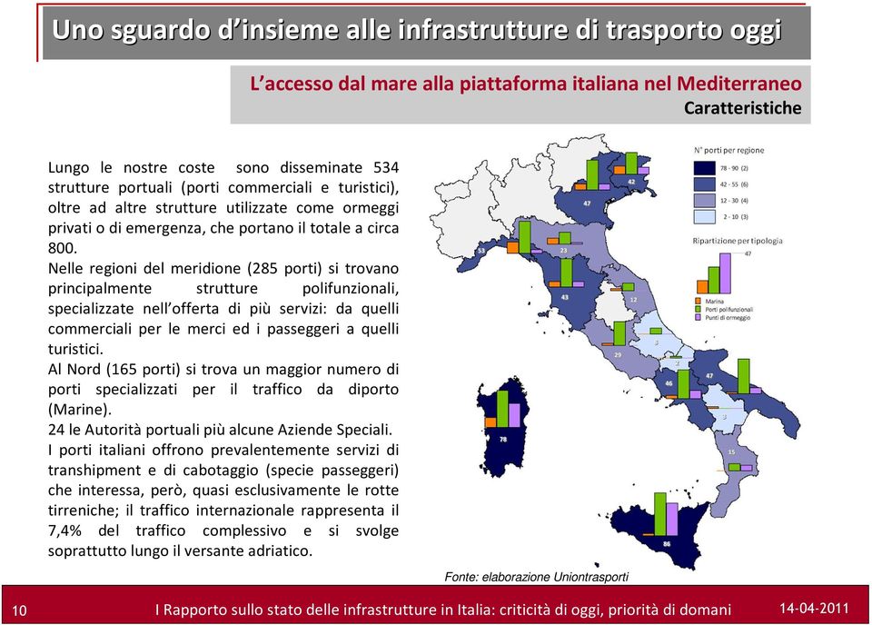 Nelle regioni del meridione (285 porti) si trovano principalmente strutture polifunzionali, specializzate nell offerta di più servizi: da quelli commerciali per le merci ed i passeggeri a quelli