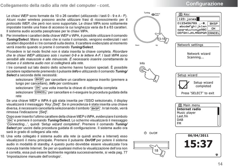 Le chiavi WPA sono solitamente impostate tramite una frase di accesso la cui lunghezza varia da 8 a 63 caratteri. Il sistema audio accetta passphrase per le chiavi WPA. 9.