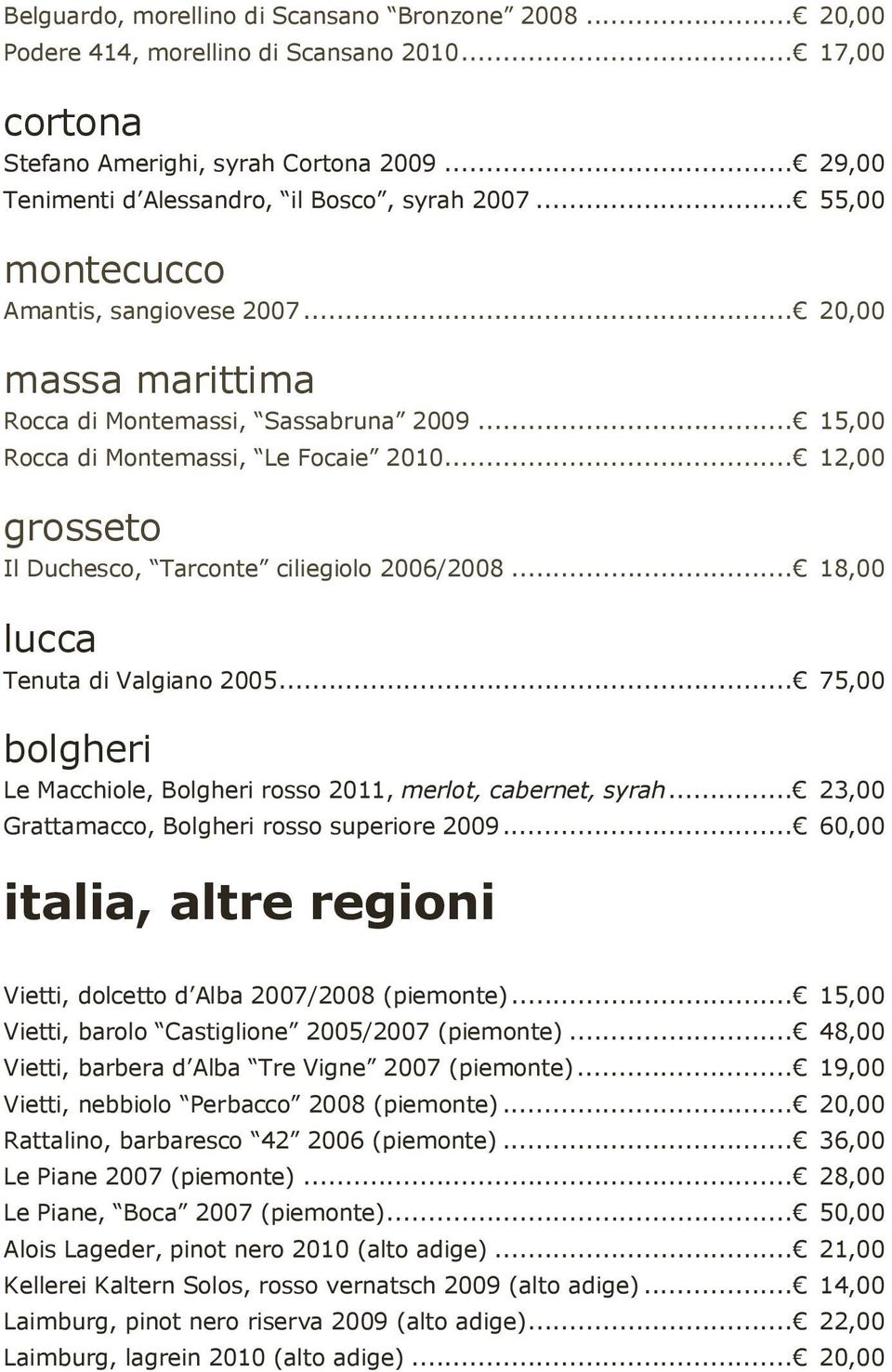 .. 15,00 Rocca di Montemassi, Le Focaie 2010... 12,00 grosseto Il Duchesco, Tarconte ciliegiolo 2006/2008... 18,00 lucca Tenuta di Valgiano 2005.