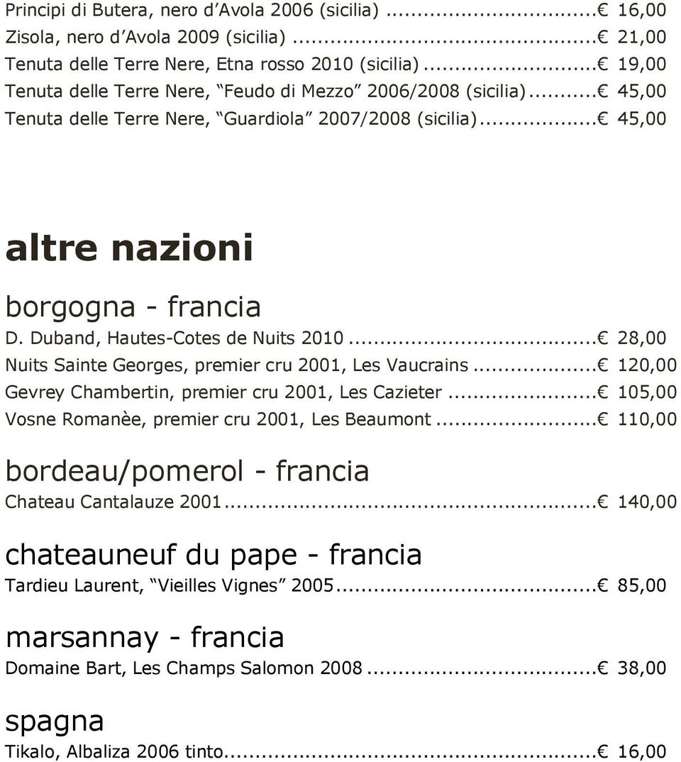 Duband, Hautes-Cotes de Nuits 2010... 28,00 Nuits Sainte Georges, premier cru 2001, Les Vaucrains... 120,00 Gevrey Chambertin, premier cru 2001, Les Cazieter.