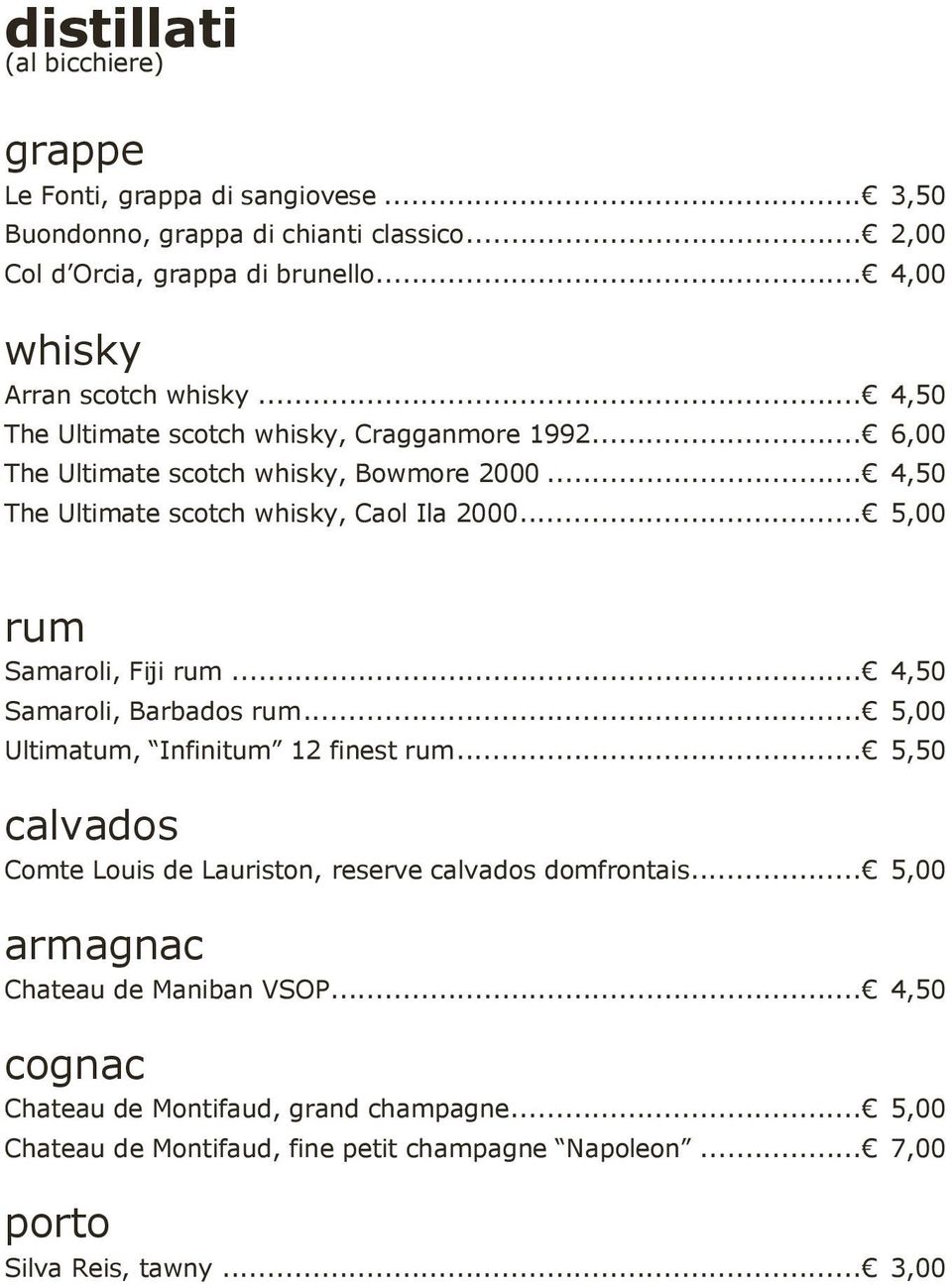 .. 4,50 The Ultimate scotch whisky, Caol Ila 2000... 5,00 rum Samaroli, Fiji rum... 4,50 Samaroli, Barbados rum... 5,00 Ultimatum, Infinitum 12 finest rum.