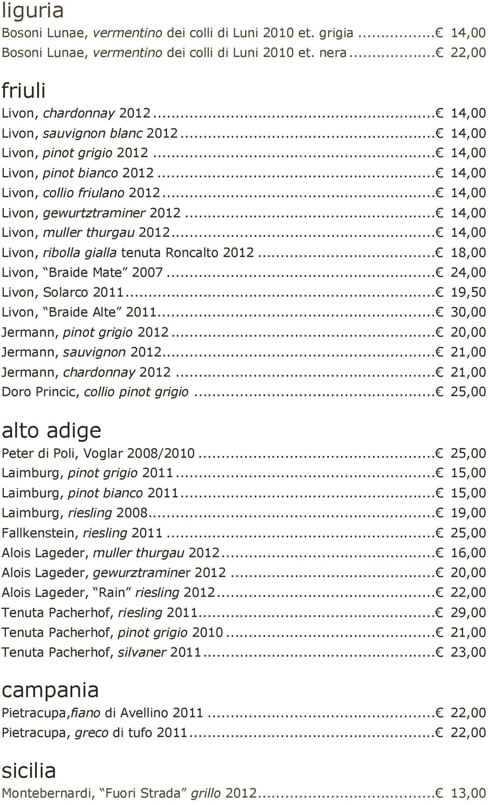 .. 14,00 Livon, muller thurgau 2012... 14,00 Livon, ribolla gialla tenuta Roncalto 2012... 18,00 Livon, Braide Mate 2007... 24,00 Livon, Solarco 2011... 19,50 Livon, Braide Alte 2011.