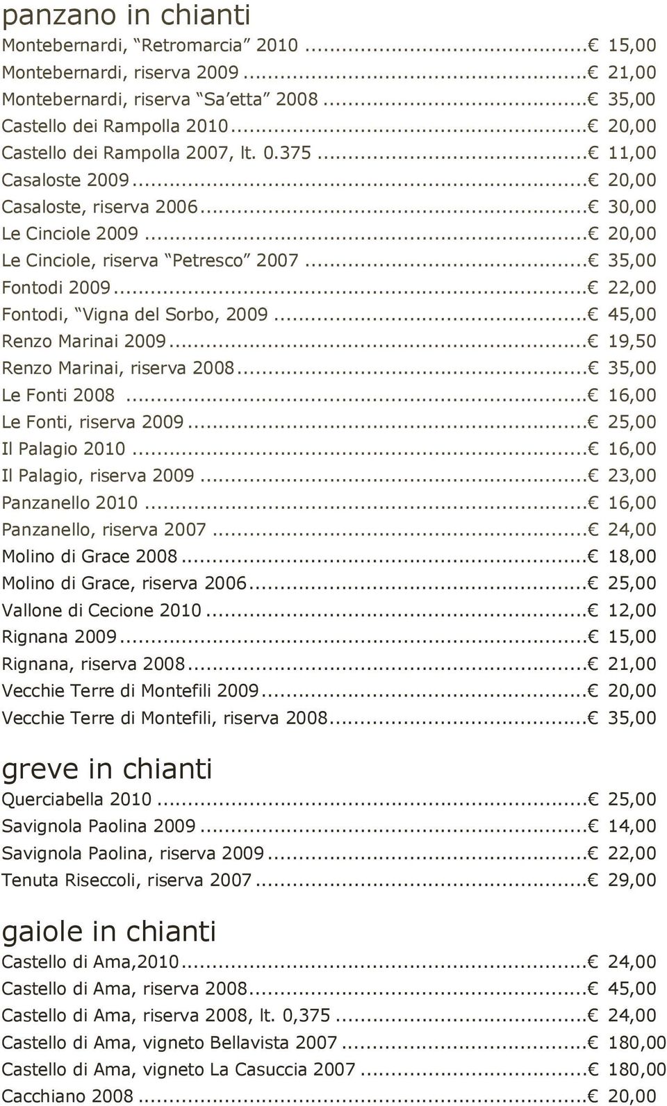 .. 22,00 Fontodi, Vigna del Sorbo, 2009... 45,00 Renzo Marinai 2009... 19,50 Renzo Marinai, riserva 2008... 35,00 Le Fonti 2008... 16,00 Le Fonti, riserva 2009... 25,00 Il Palagio 2010.