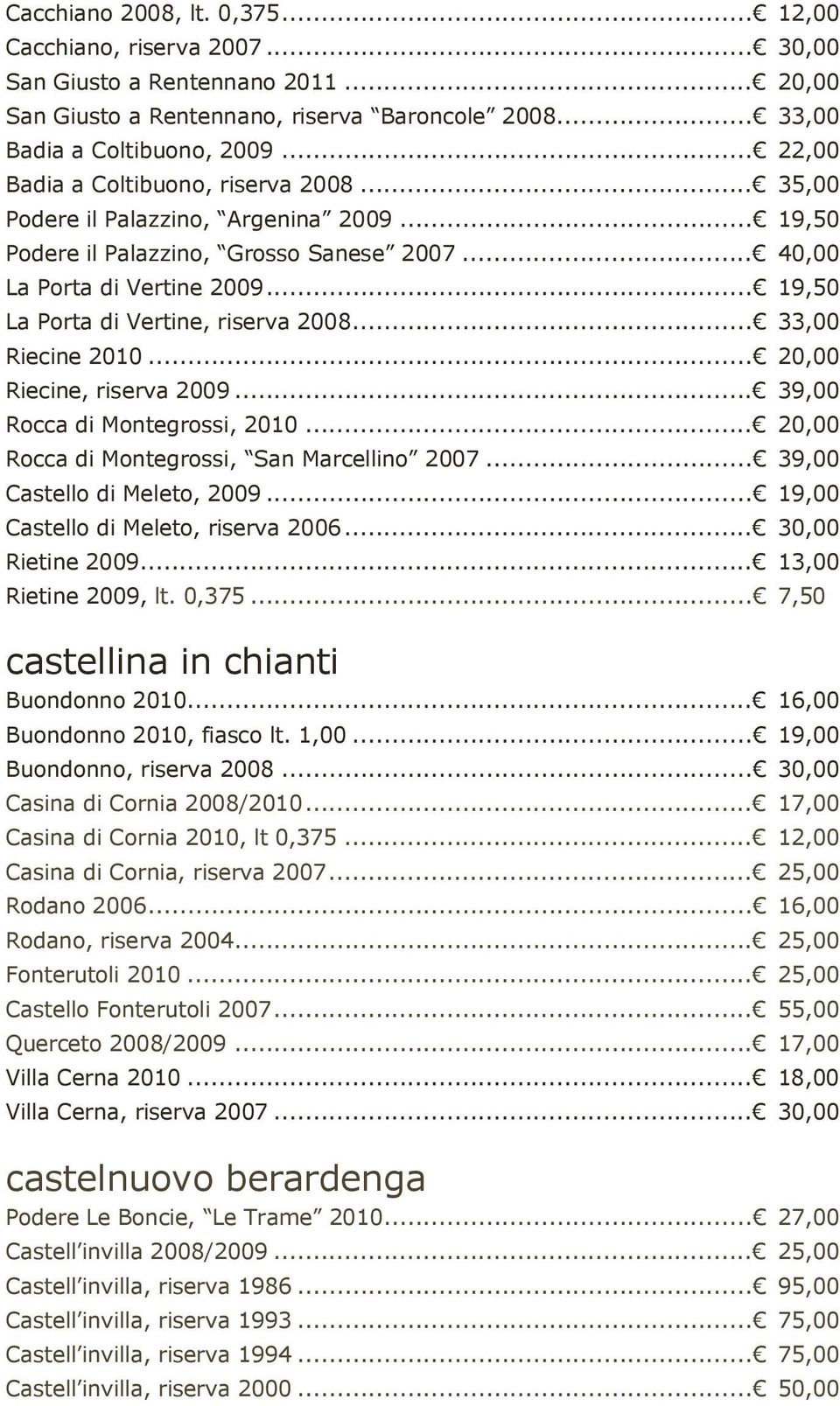 .. 19,50 La Porta di Vertine, riserva 2008... 33,00 Riecine 2010... 20,00 Riecine, riserva 2009... 39,00 Rocca di Montegrossi, 2010... 20,00 Rocca di Montegrossi, San Marcellino 2007.