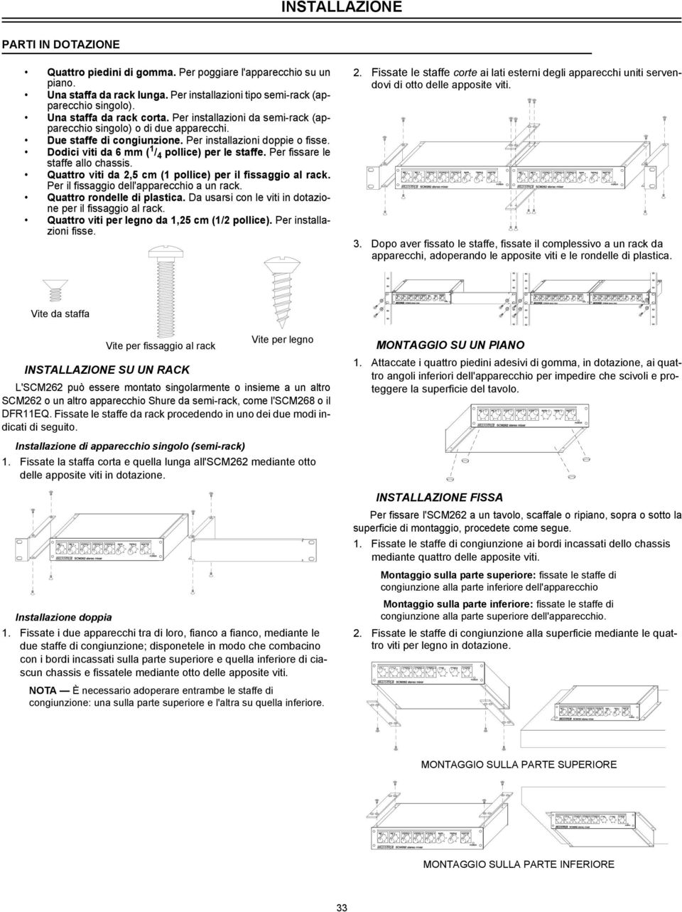 Dodici viti da 6 mm ( 1 / 4 pollice) per le staffe. Per fissare le staffe allo chassis. Quattro viti da 2,5 cm (1 pollice) per il fissaggio al rack. Per il fissaggio dell'apparecchio a un rack.