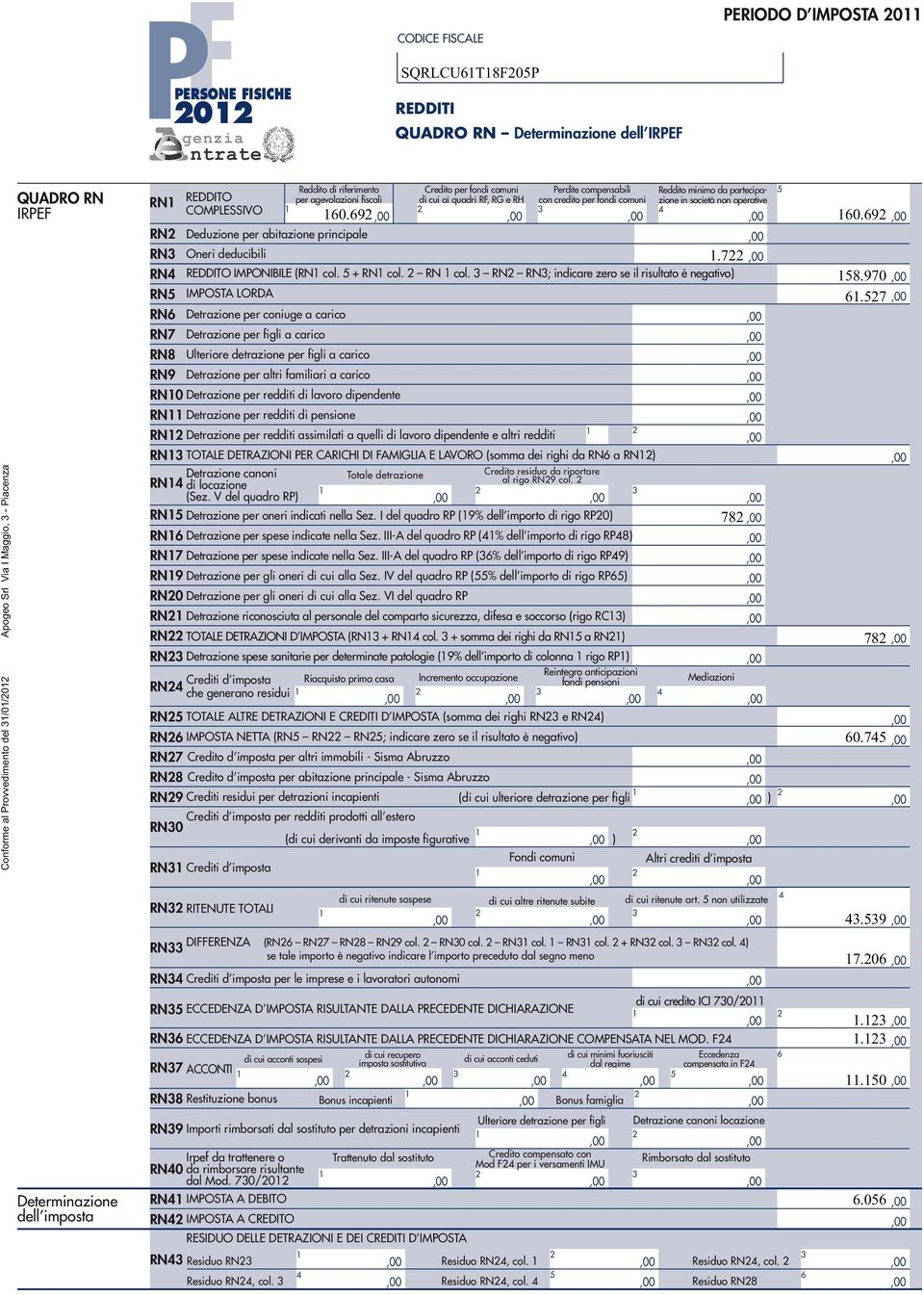 0. RN RN Deduzione per abitazione principale Oneri deducibili. RN REDDITO IMPONIBILE (RN col. + RN col. RN col. RN RN; indicare zero se il risultato è negativo).0 RN IMPOSTA LORDA.