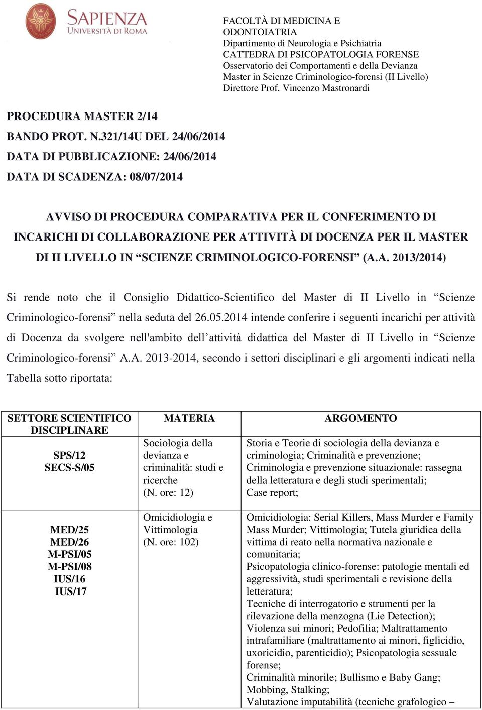 Osservatorio dei Comportamenti e della Devianza Master in Scienze Criminologico-forensi (II Livello) Direttore Prof.