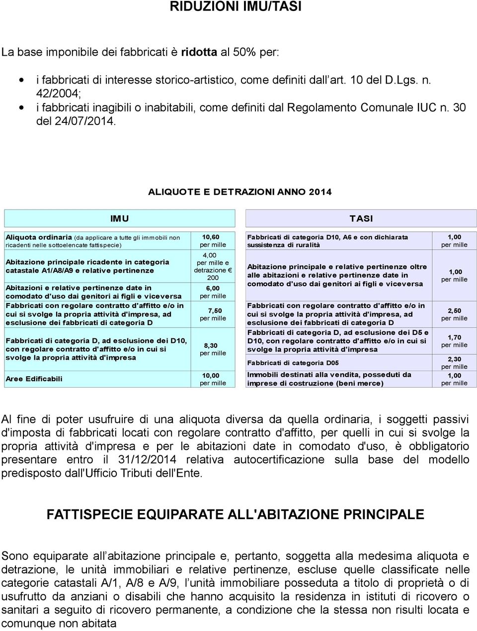 ALIQUOTE E DETRAZIONI ANNO 2014 IMU TASI Aliquota ordinaria (da applicare a tutte gli immobili non ricadenti nelle sottoelencate fattispecie) Abitazione principale ricadente in categoria catastale