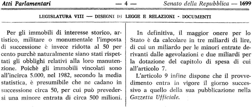 000, nel 1982, secondo la media statistica, è presumibile che ne cadano in successione circa 50, per cui può prevedersi una minore entrata di circa 500 milioni.