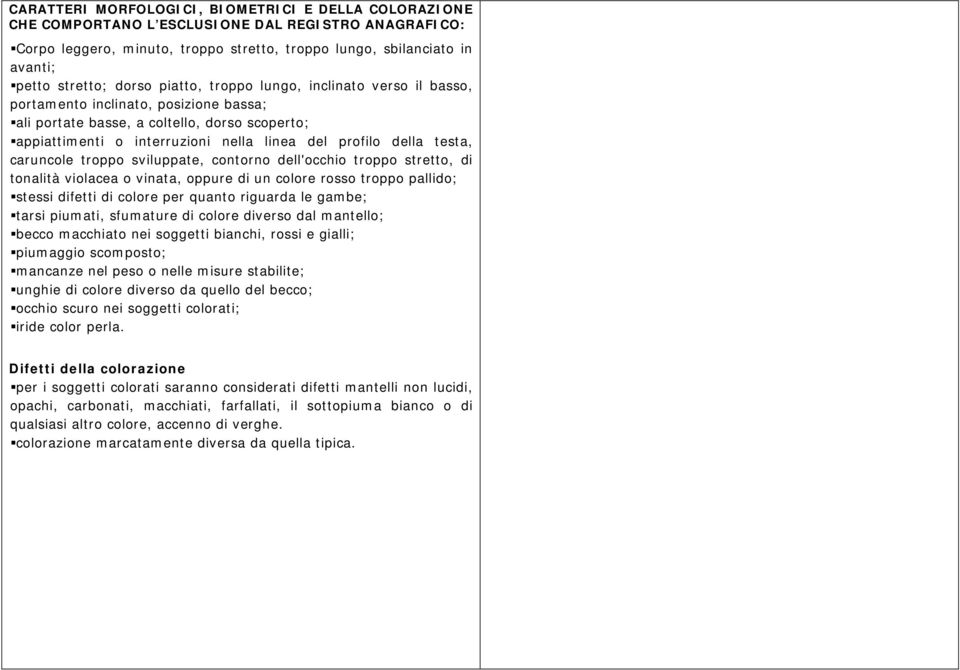 testa, caruncole troppo sviluppate, contorno dell'occhio troppo stretto, di tonalità violacea o vinata, oppure di un colore rosso troppo pallido; stessi difetti di colore per quanto riguarda le