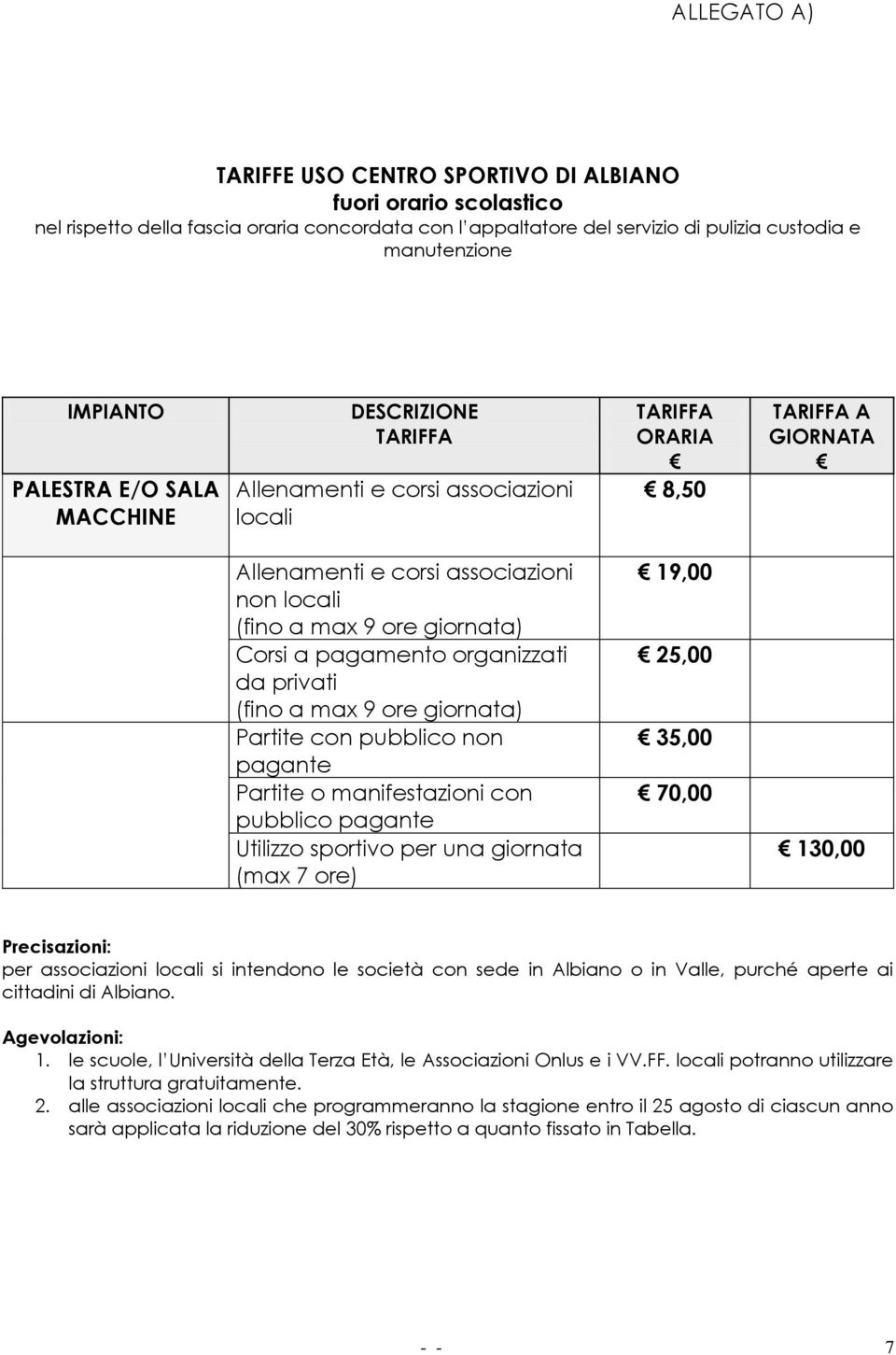 Corsi a pagamento organizzati da privati (fino a max 9 ore giornata) Partite con pubblico non pagante Partite o manifestazioni con pubblico pagante Utilizzo sportivo per una giornata (max 7 ore)