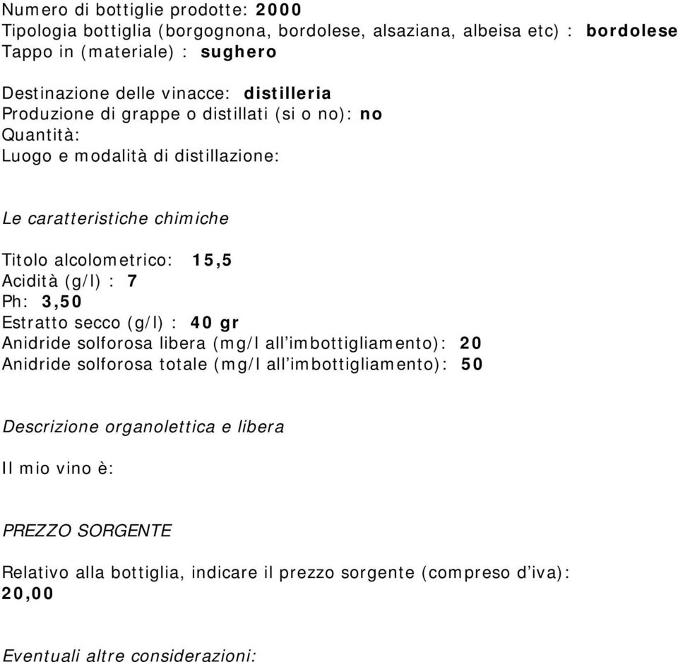 Acidità (g/l) : 7 Ph: 3,50 Estratto secco (g/l) : 40 gr Anidride solforosa libera (mg/l all imbottigliamento): 20 Anidride solforosa totale (mg/l all imbottigliamento):