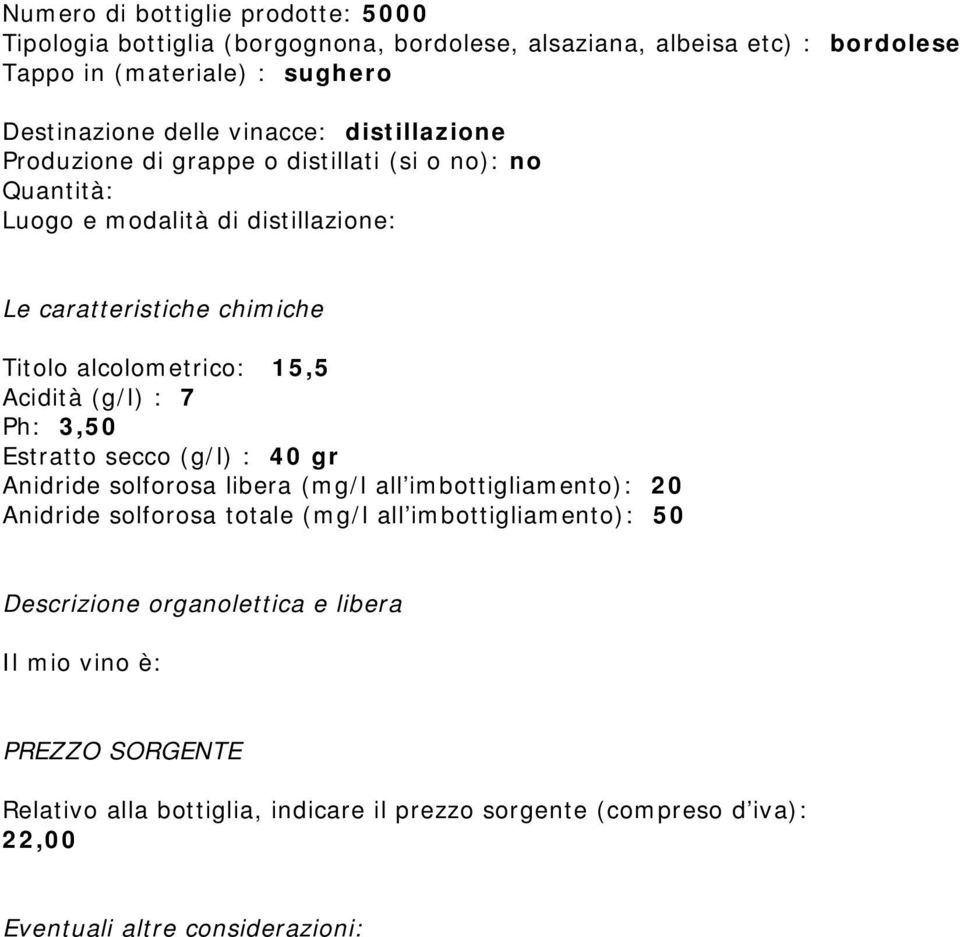 Acidità (g/l) : 7 Ph: 3,50 Estratto secco (g/l) : 40 gr Anidride solforosa libera (mg/l all imbottigliamento): 20 Anidride solforosa totale (mg/l all imbottigliamento):