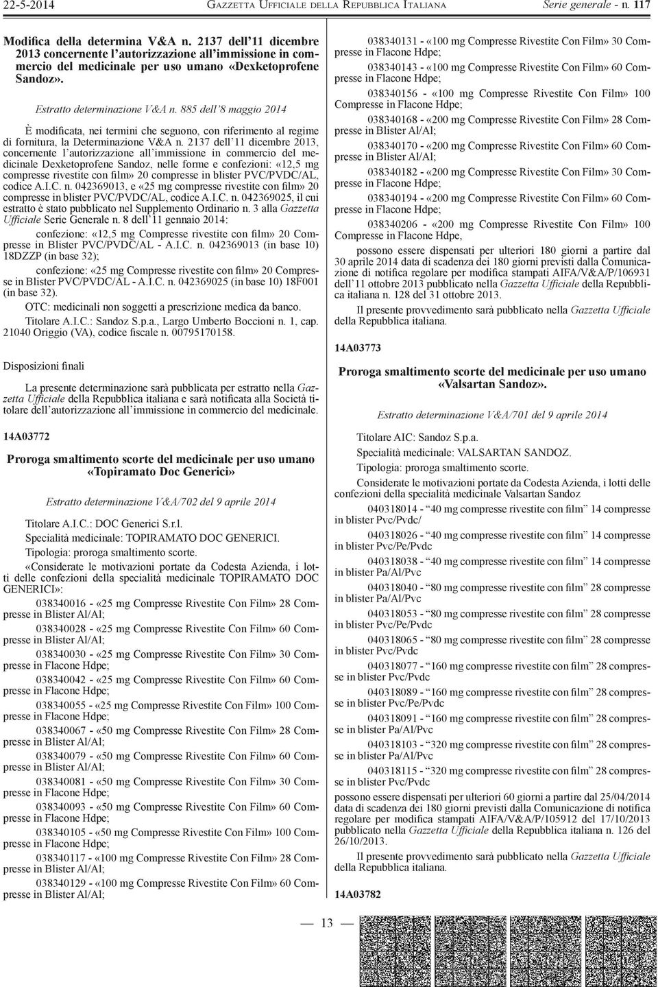 2137 dell 11 dicembre 2013, concernente l autorizzazione all immissione in commercio del medicinale Dexketoprofene Sandoz, nelle forme e confezioni: «12,5 mg compresse rivestite con film» 20