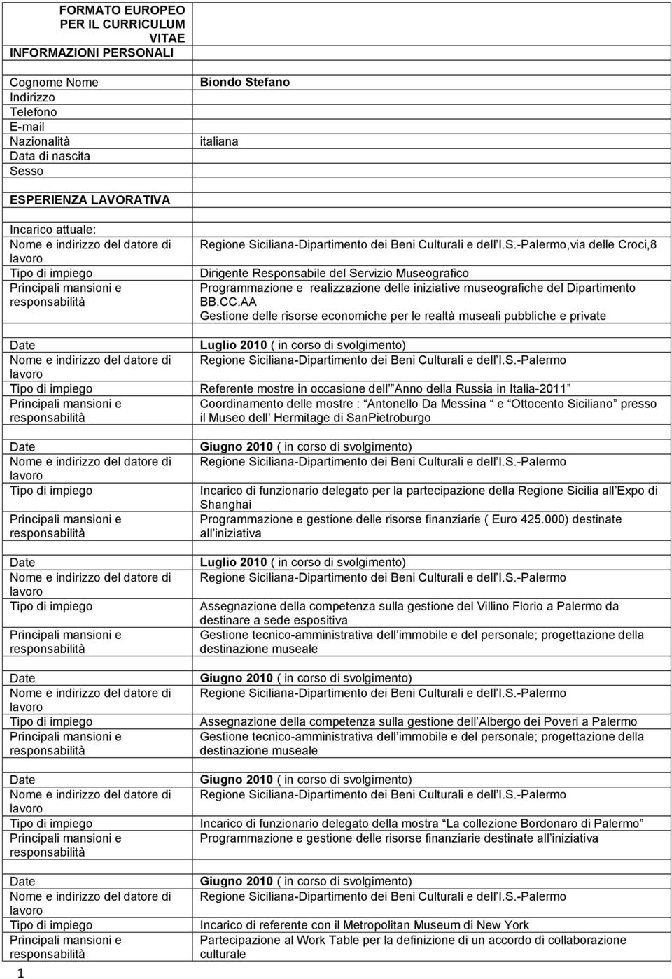 AA Gestione delle risorse economiche per le realtà museali pubbliche e private Luglio 2010 ( in corso di svolgimento) Referente mostre in occasione dell Anno della Russia in Italia-2011 Coordinamento