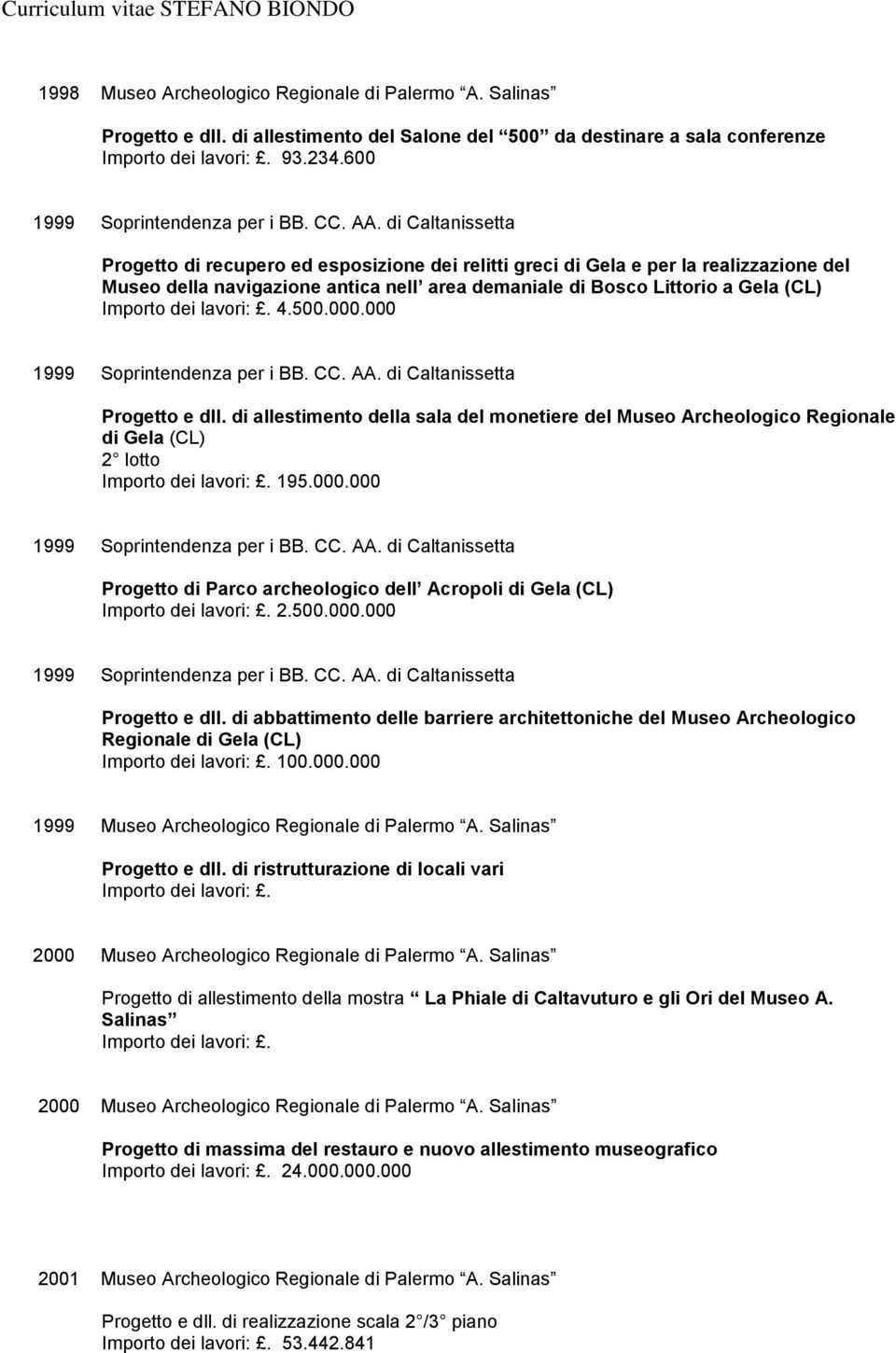 000 1999 Soprintendenza per i BB. CC. AA. di Caltanissetta Progetto e dll. di allestimento della sala del monetiere del Museo Archeologico Regionale di Gela (CL) 2 lotto 195.000.000 1999 Soprintendenza per i BB. CC. AA. di Caltanissetta Progetto di Parco archeologico dell Acropoli di Gela (CL) 2.