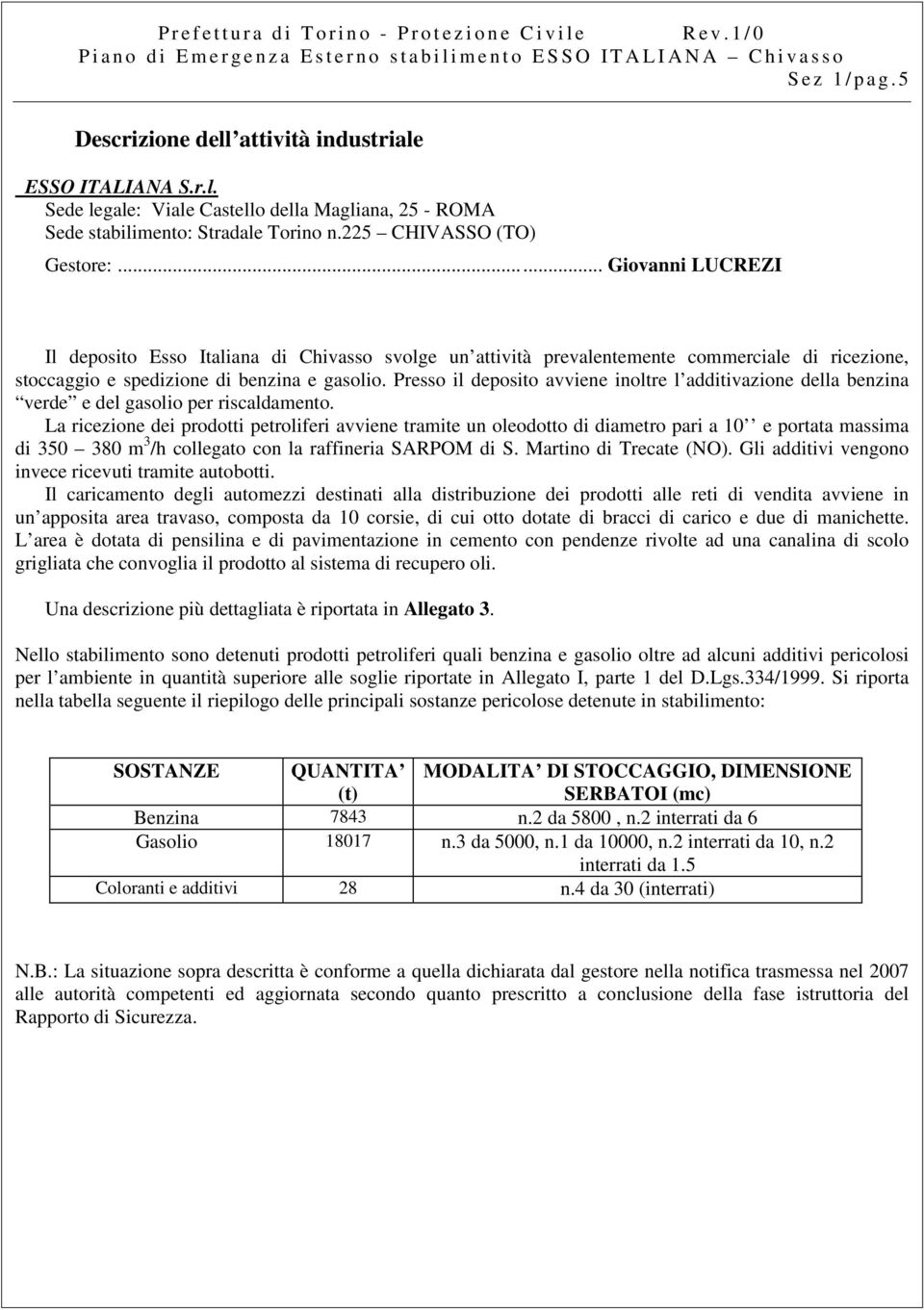 Presso il deposito avviene inoltre l additivazione della benzina verde e del gasolio per riscaldamento.