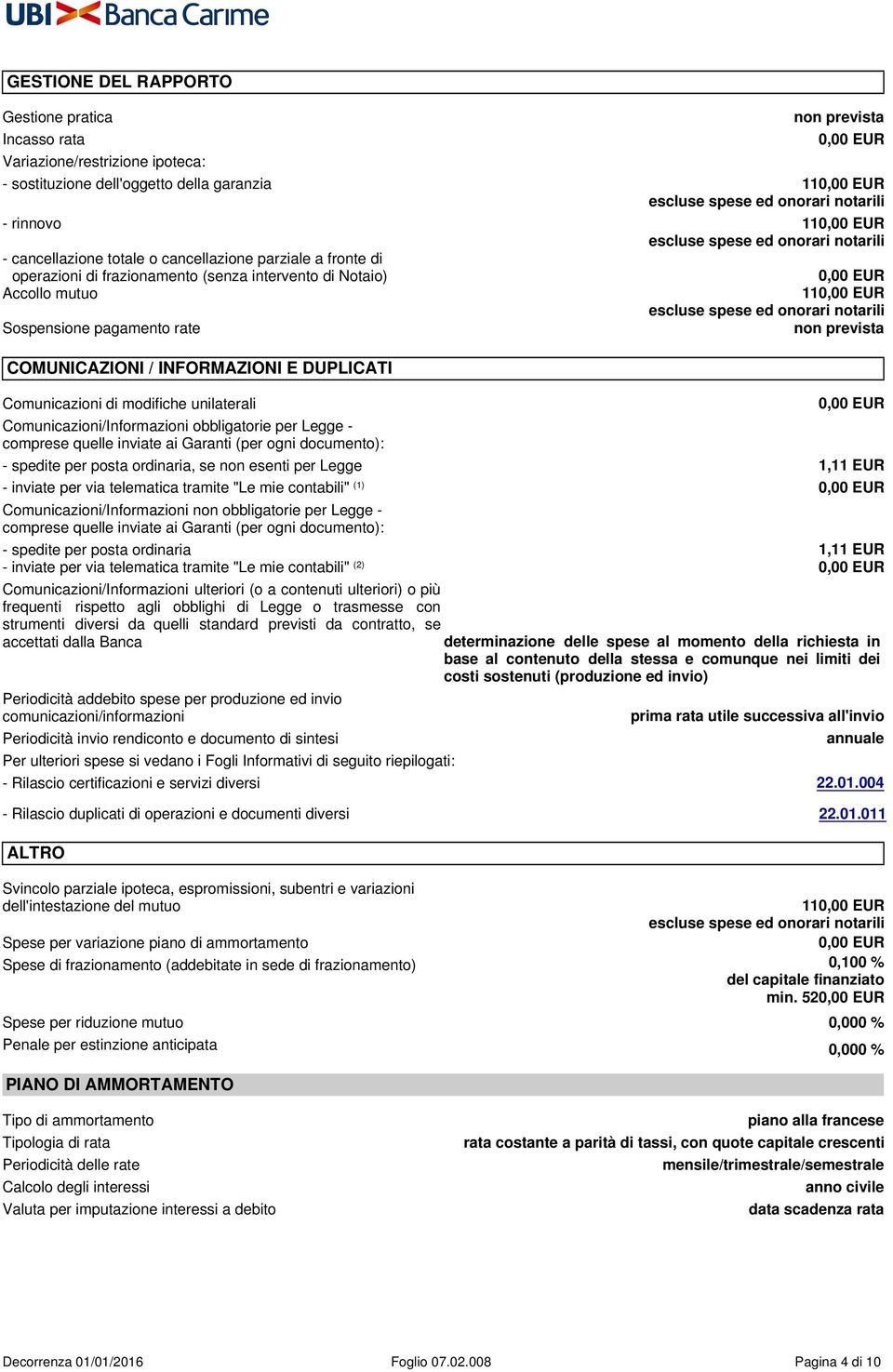 Accollo mutuo 110,00 EUR escluse spese ed onorari notarili Sospensione pagamento rate Non previsto non prevista COMUNICAZIONI / INFORMAZIONI E DUPLICATI Comunicazioni di modifiche unilaterali