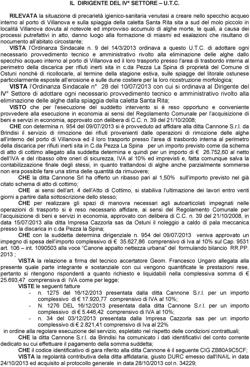 località Villanova dovuta al notevole ed improvviso accumulo di alghe morte, le quali, a causa dei processi putrefattivi in atto, danno luogo alla formazione di miasmi ed esalazioni che risultano di