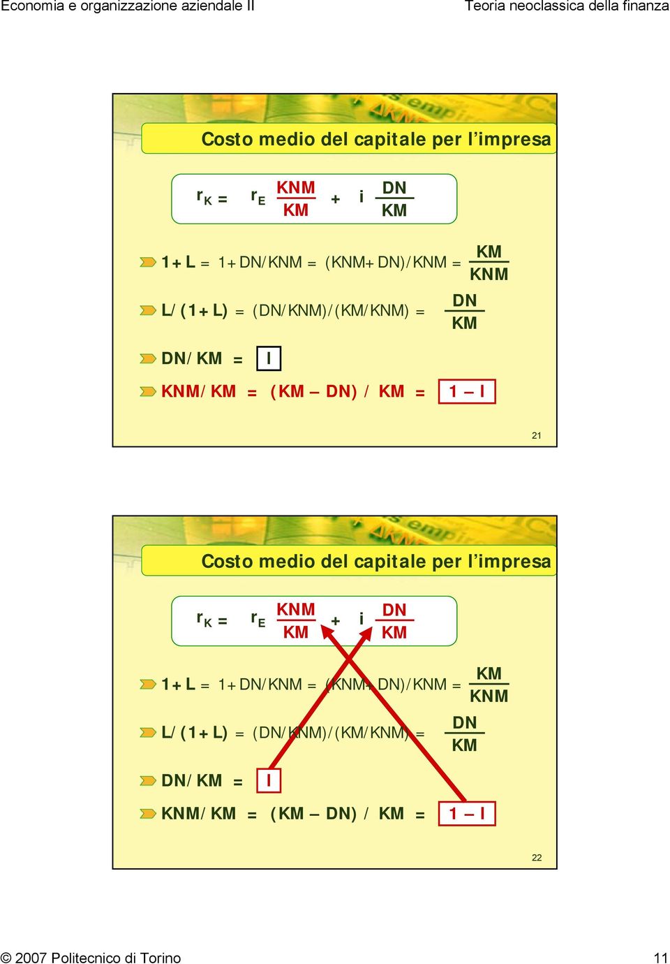 (DN/KNM)/(KM/KNM) = DN KM KM KNM DN/KM = l KNM/KM = (KM DN) / KM = 1 l 22 2007 Politecnico di