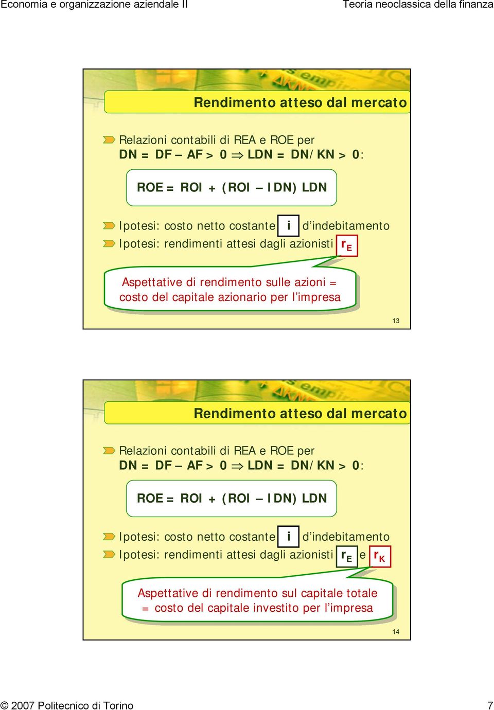 indebitamento Ipotesi: rendimenti attesi dagli azionisti r E e Aspettative di di rendimento sul sul capitale totale = costo del del capitale investito per per l impresa