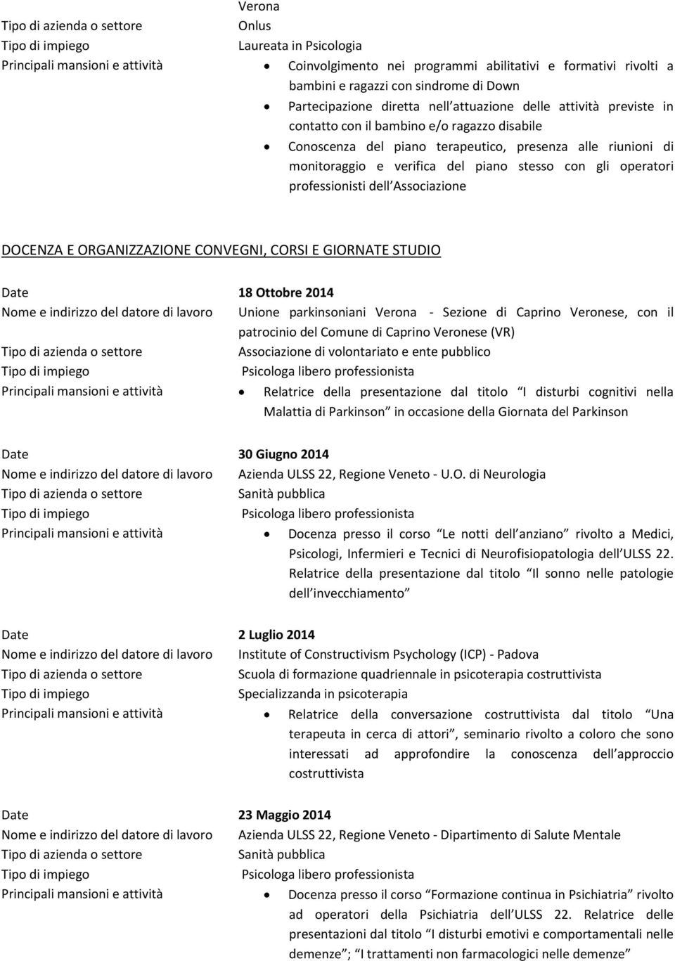 operatori professionisti dell Associazione DOCENZA E ORGANIZZAZIONE CONVEGNI, CORSI E GIORNATE STUDIO Date 18 Ottobre 2014 Nome e indirizzo del datore di lavoro Unione parkinsoniani Verona - Sezione