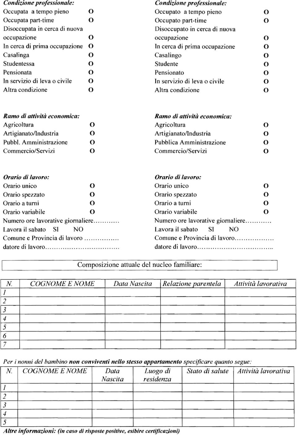 leva o civile Altra condizione Ramo di attività economica: Agricoltura Art igianato!lndu stria Pubbl. Amministrazione Commercio/Servizi Ramo di attività economica: Agricoltura Artigianato!