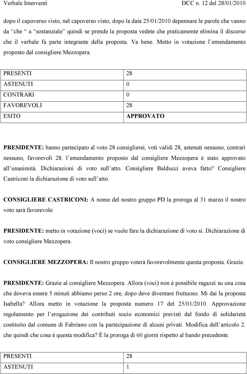 PRESENTI 28 ASTENUTI 0 CONTRARI 0 FAVOREVOLI 28 ESITO APPROVATO PRESIDENTE: hanno partecipato al voto 28 consiglierei, voti validi 28, astenuti nessuno, contrari nessuno, favorevoli 28.