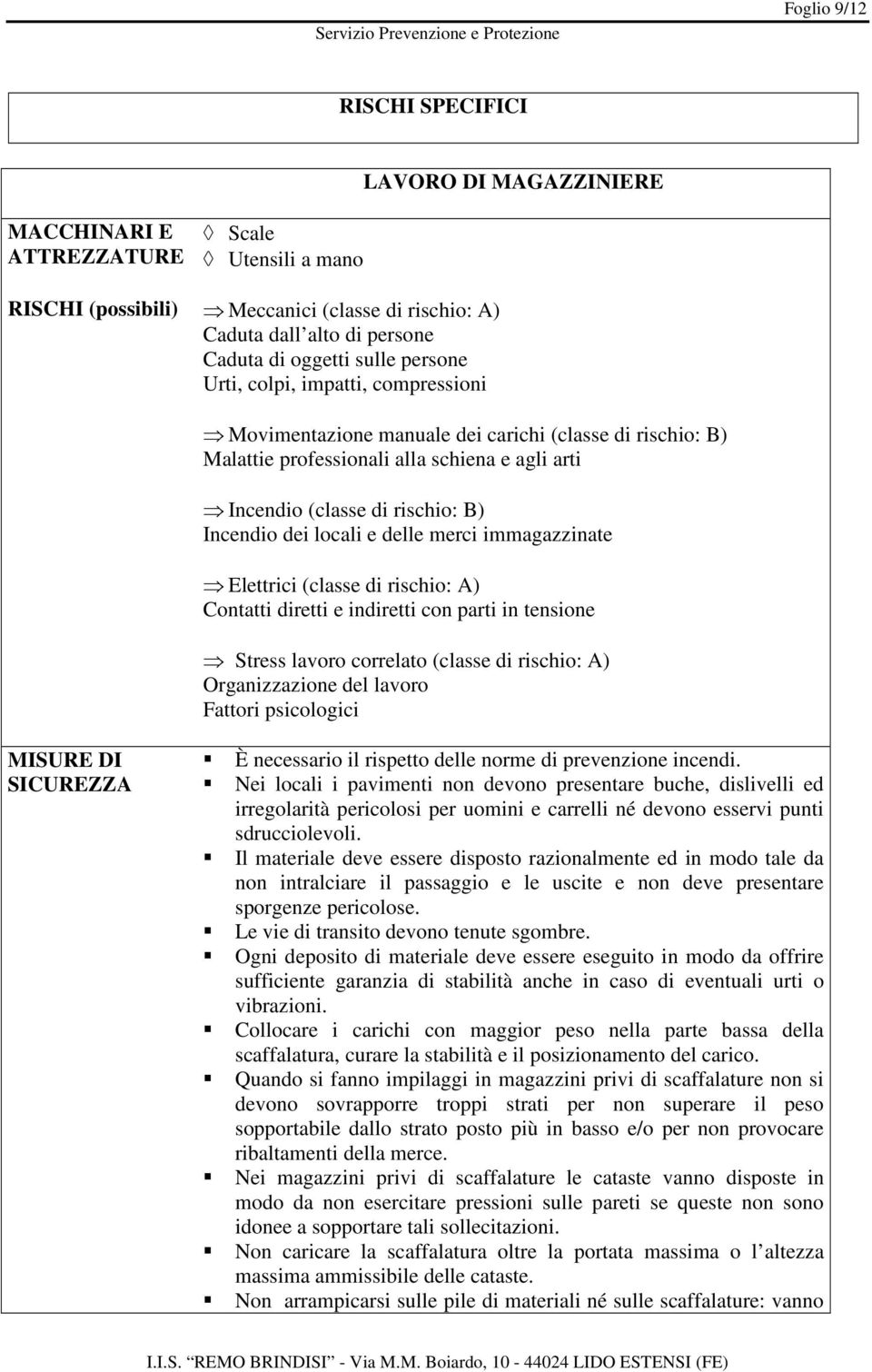 locali e delle merci immagazzinate Elettrici (classe di rischio: A) Contatti diretti e indiretti con parti in tensione Stress lavoro correlato (classe di rischio: A) Organizzazione del lavoro Fattori