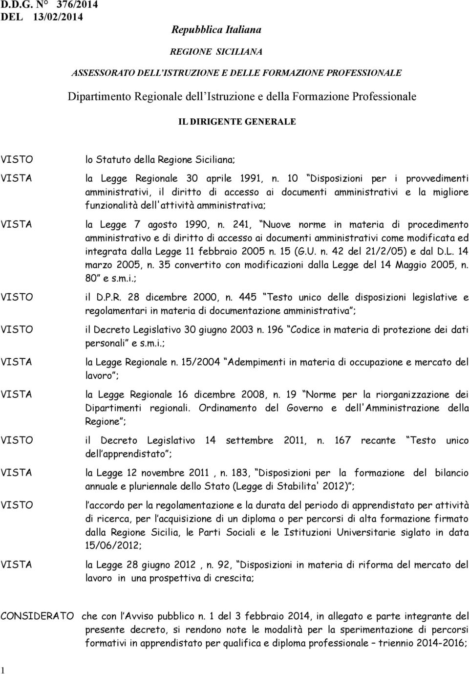 DIRIGENTE GENERALE VISTO VISTA VISTA VISTO VISTO VISTA VISTA VISTO VISTA VISTO VISTA lo Statuto della Regione Siciliana; la Legge Regionale 30 aprile 1991, n.