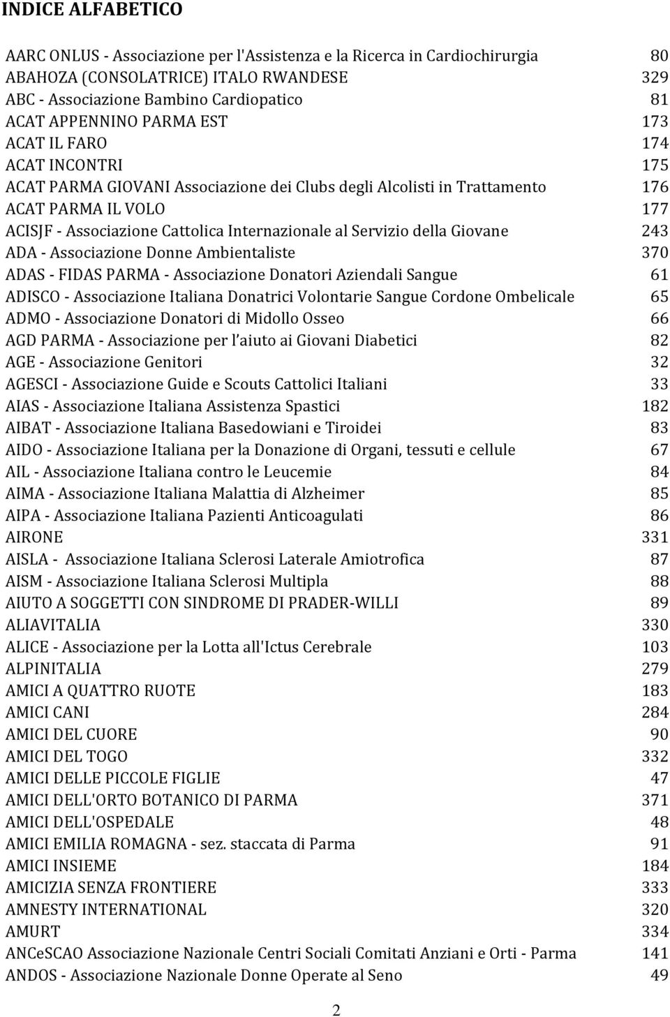 Servizio della Giovane 243 ADA - Associazione Donne Ambientaliste 370 ADAS - FIDAS PARMA - Associazione Donatori Aziendali Sangue 61 ADISCO - Associazione Italiana Donatrici Volontarie Sangue Cordone