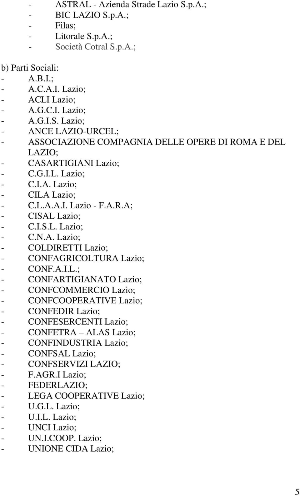 Lazio; - C.I.A. Lazio; - CILA Lazio; - C.L.A.A.I. Lazio - F.A.R.A; - CISAL Lazio; - C.I.S.L. Lazio; - C.N.A. Lazio; - COLDIRETTI Lazio; - CONFAGRICOLTURA Lazio; - CONF.A.I.L.; - CONFARTIGIANATO