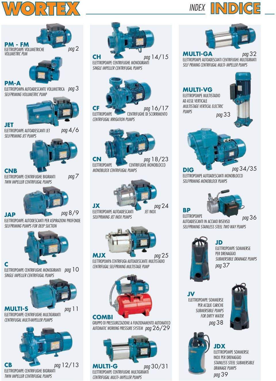 PUMPS pag pag /6 CF pag 16/17 ELETTROPOMPE CENTRIFUGHE DI SCORRIMENTO CENTRIFUGAL IRRIGATION PUMPS MULTI-VG ELETTROPOMPE MULTISTADIO AD ASSE VERTICALE MULTISTAGE VERTICAL ELECTRIC PUMPS pag CNB