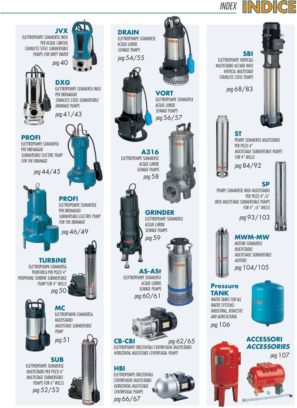 MULTISTAGE STAINLESS STEEL PUMPS pag 6/ PROFI ELETTROPOMPE SOMMERSE PER DRENAGGIO SUBMERSIBLE ELECTRIC PUMP FOR THE DRAINAGE pag / TURBINE ELETTROPOMPA SOMMERSA PERIFERICA PER POZZI PERIPHERAL