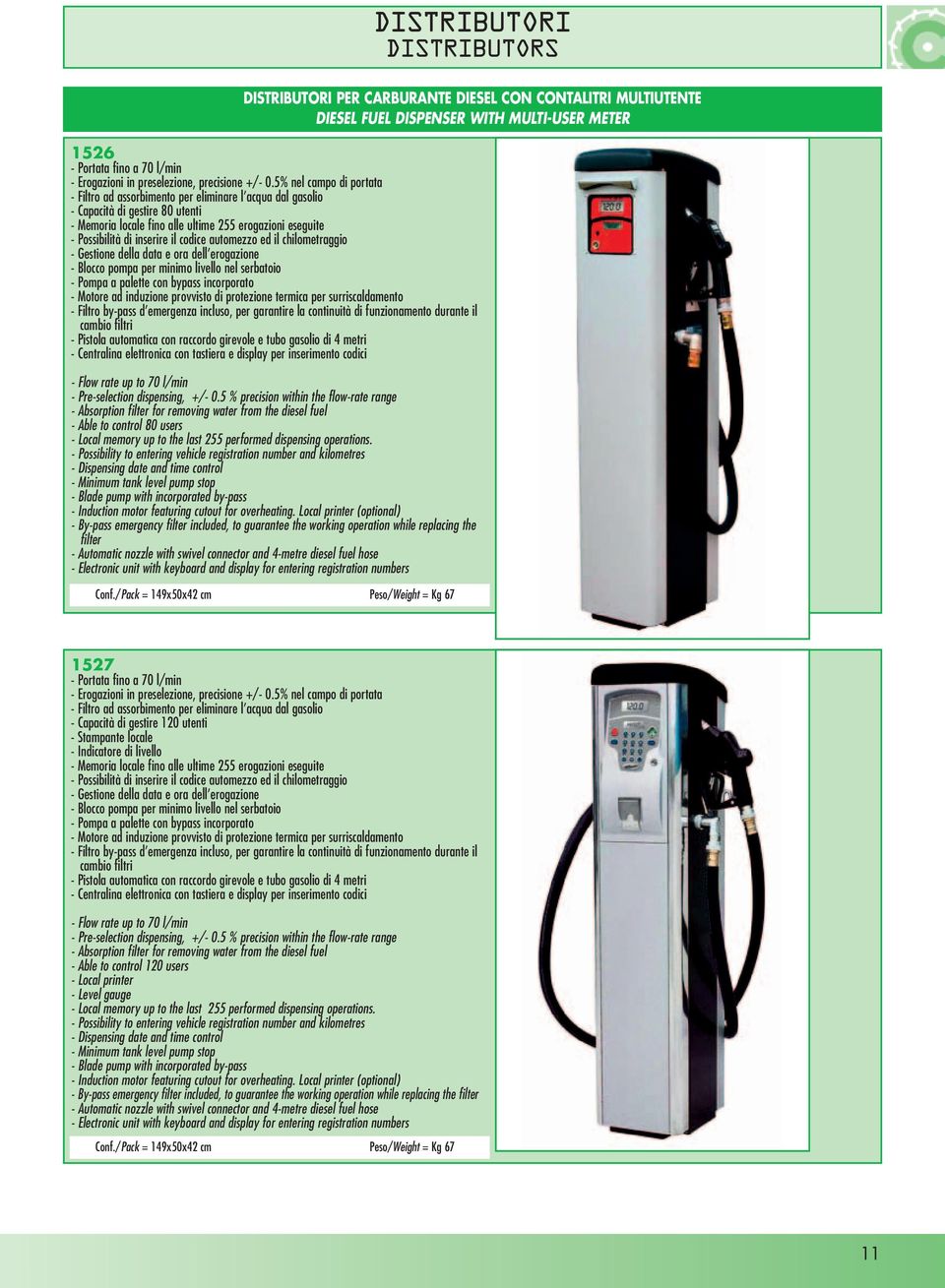 5% nel campo di portata - Filtro ad assorbimento per eliminare l acqua dal gasolio - Capacità di gestire 80 utenti - Memoria locale fino alle ultime 255 erogazioni eseguite - Possibilità di inserire