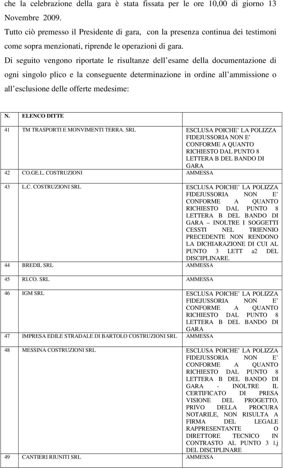 Di seguito vengono riportate le risultanze dell esame della documentazione di ogni singolo plico e la conseguente determinazione in ordine all ammissione o all esclusione delle offerte medesime: N.