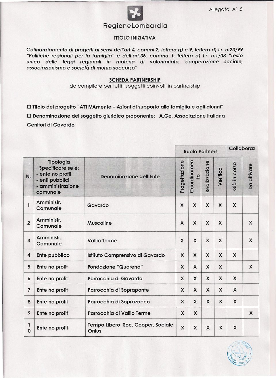 l/08 "Testo unico delle leggi regionali in materia di volontariato, cooperazione sociale, associazionismo e società di mutuo soccorso" da compilare D Titolo del progetto D Denominazione SCHEDA