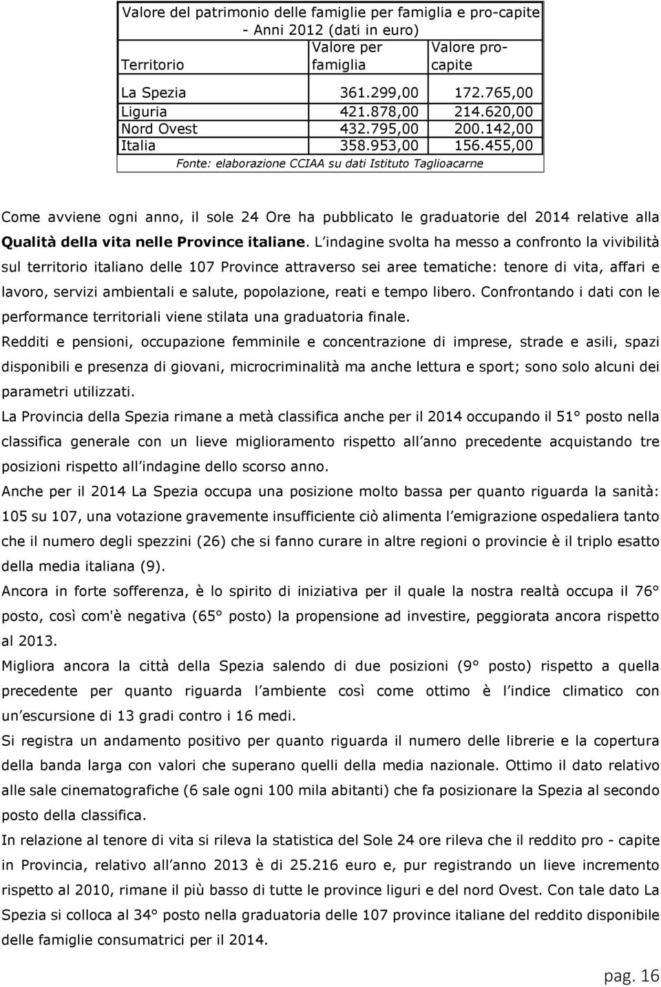 455,00 Fonte: elaborazione CCIAA su dati Istituto Taglioacarne Come avviene ogni anno, il sole 24 Ore ha pubblicato le graduatorie del 2014 relative alla Qualità della vita nelle Province italiane.