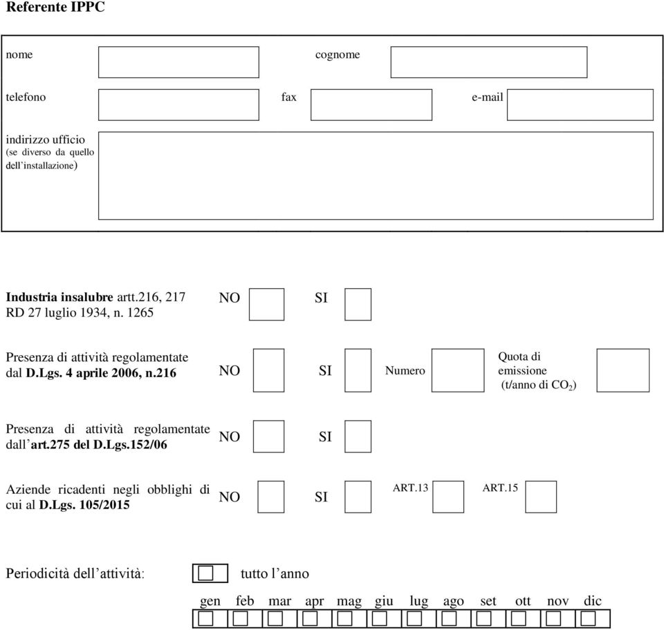 216 NO SI Numero Quota di emissione (t/anno di CO 2 ) Presenza di attività regolamentate dall art.275 del D.Lgs.